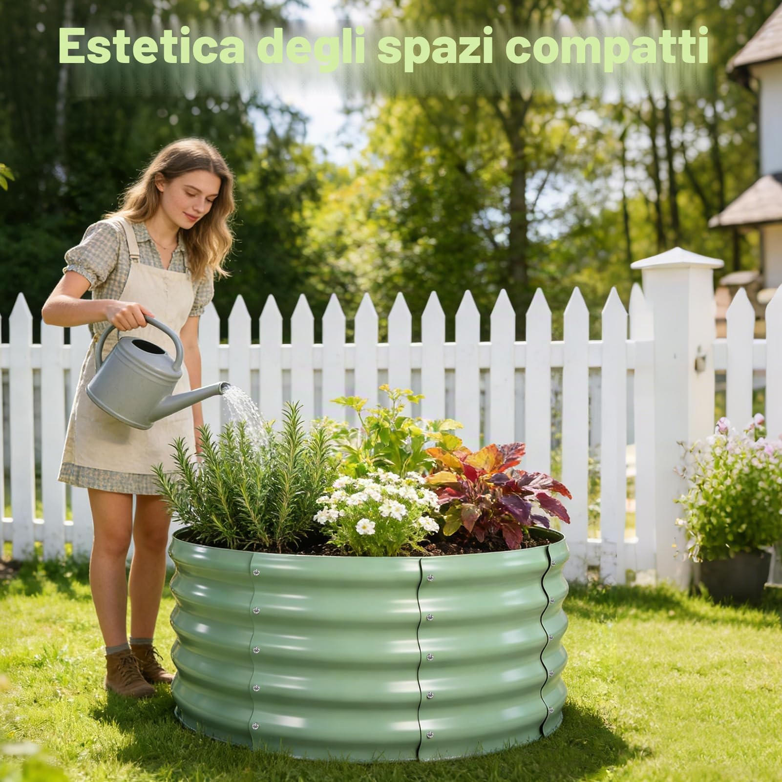 Aiuola rialzata in metallo 90 x 90 x 43 cm, aiuole rialzate in acciaio zincato per il giardino, aiuola per orto, aiuola rialzata per verdure, erbe aromatiche, fiori, verde chiaro, rotonda