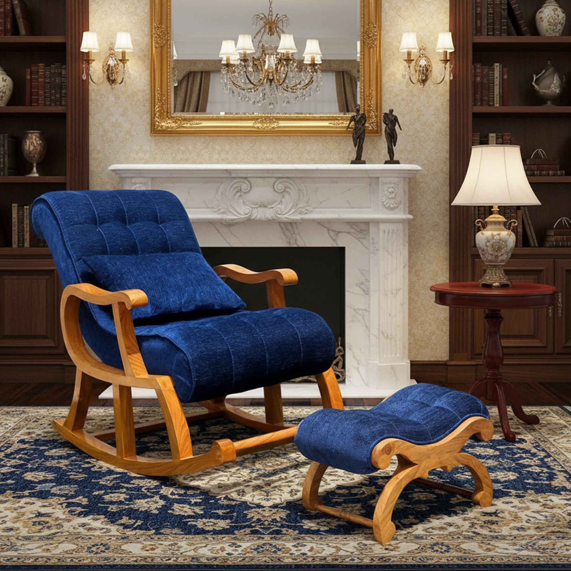 Premium Teak Wood Rocking Chairs with Matching Stool | Relax & Comfortable Cushioned Seat Wooden Rocking Adult Armchair for Living Room (Navy Blue)-image-26