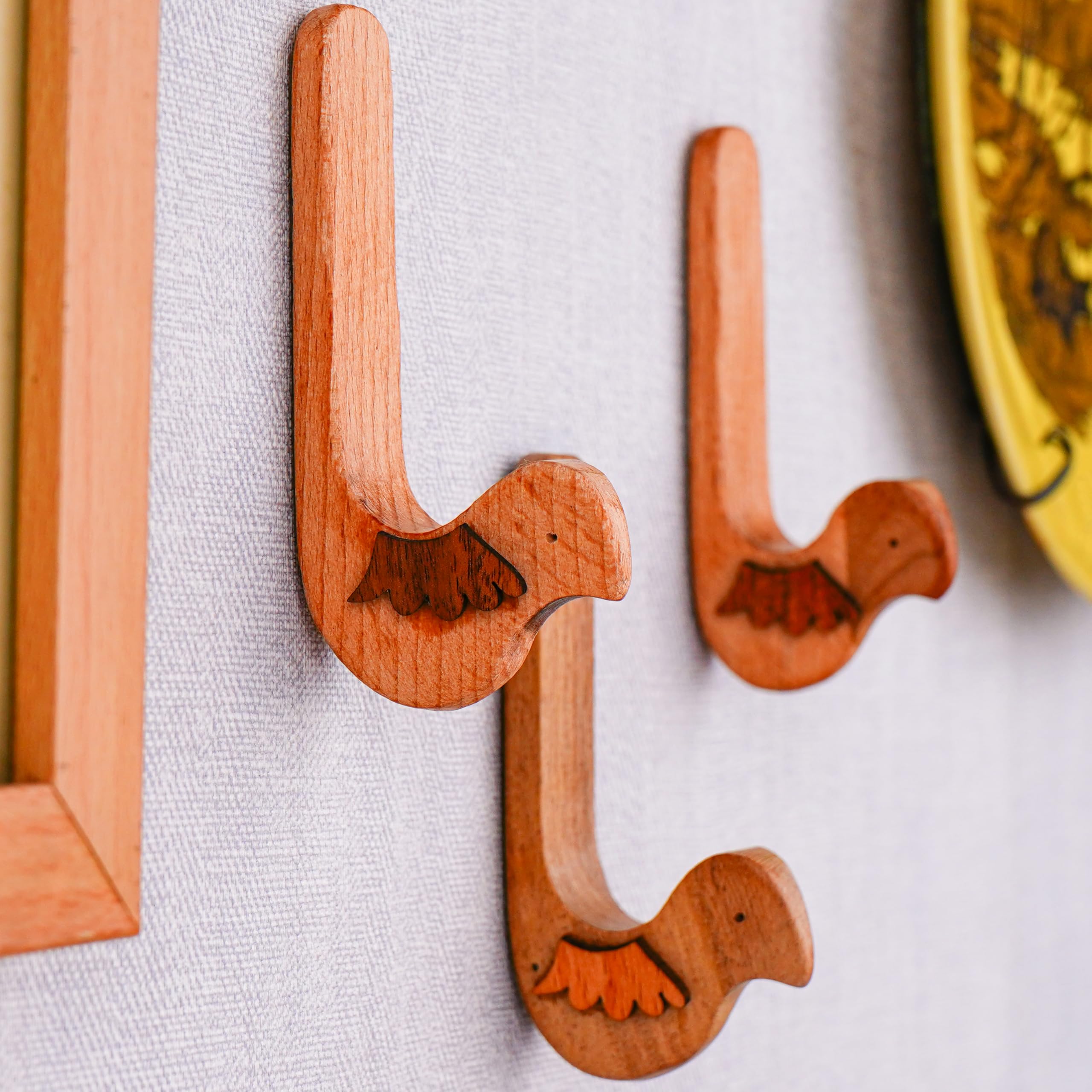 Indian Shelf 3 Hook, 6 Strips Cute Bird Decorative Adhesive Wall Hooks for Hanging Unique No Damage Wood Wall Hooks
