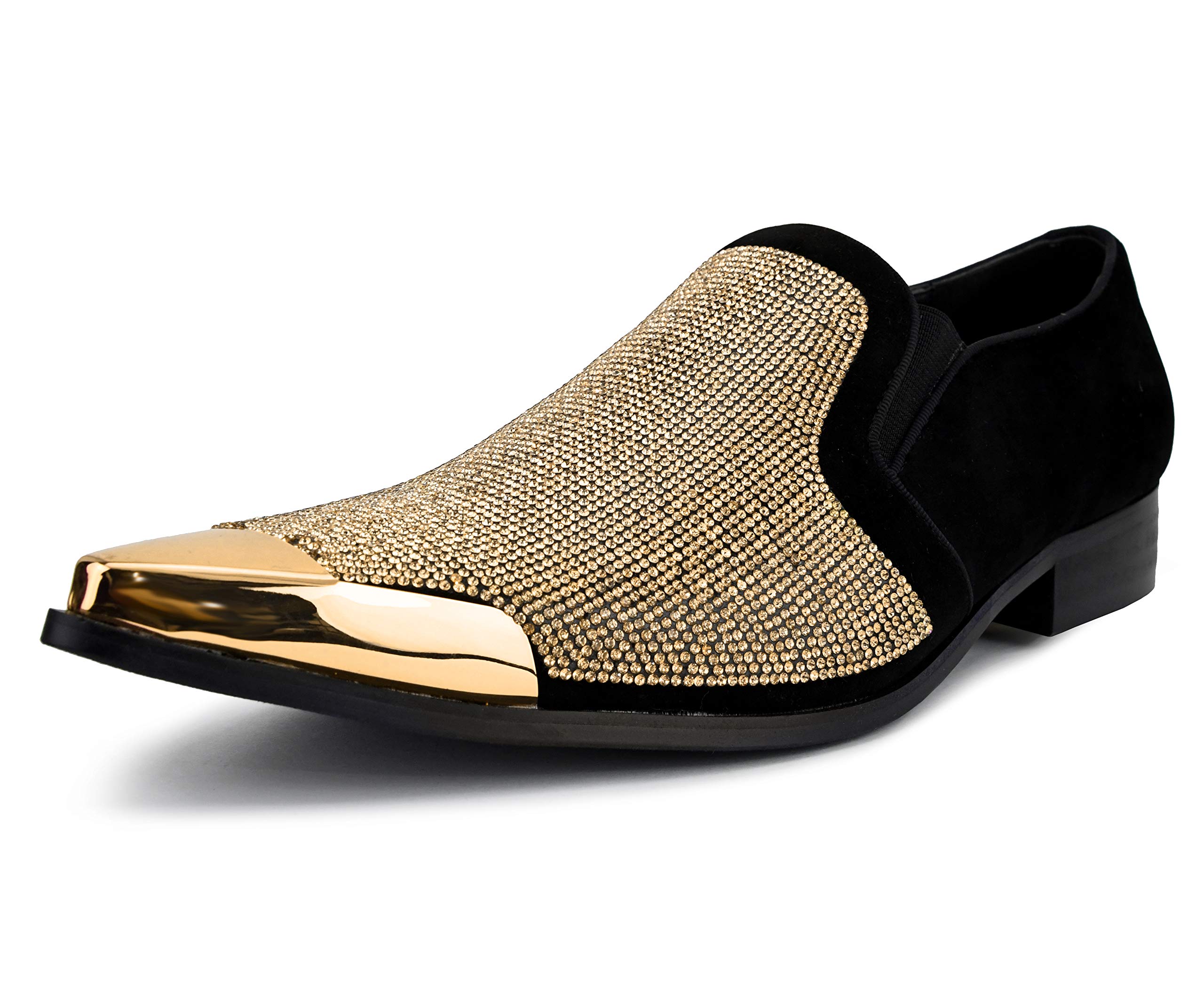 Bolano x Amali Men's Dress Loafers with Rhinestones, Slip-On, Tuxedo Loafer Shoes for Men, Pointed Toe with Metal Tip, Size Up