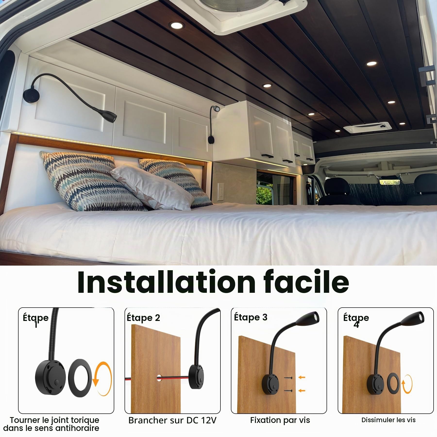 2W Lampe de Lecture 12V Camping-Car, 4000K Dimmable Cou de l'oie Spot 24volt LED avec USB-C 20W pour Caravane Bateau Van Voiture Camion Bus Yacht (Noir, 2 Pièces)