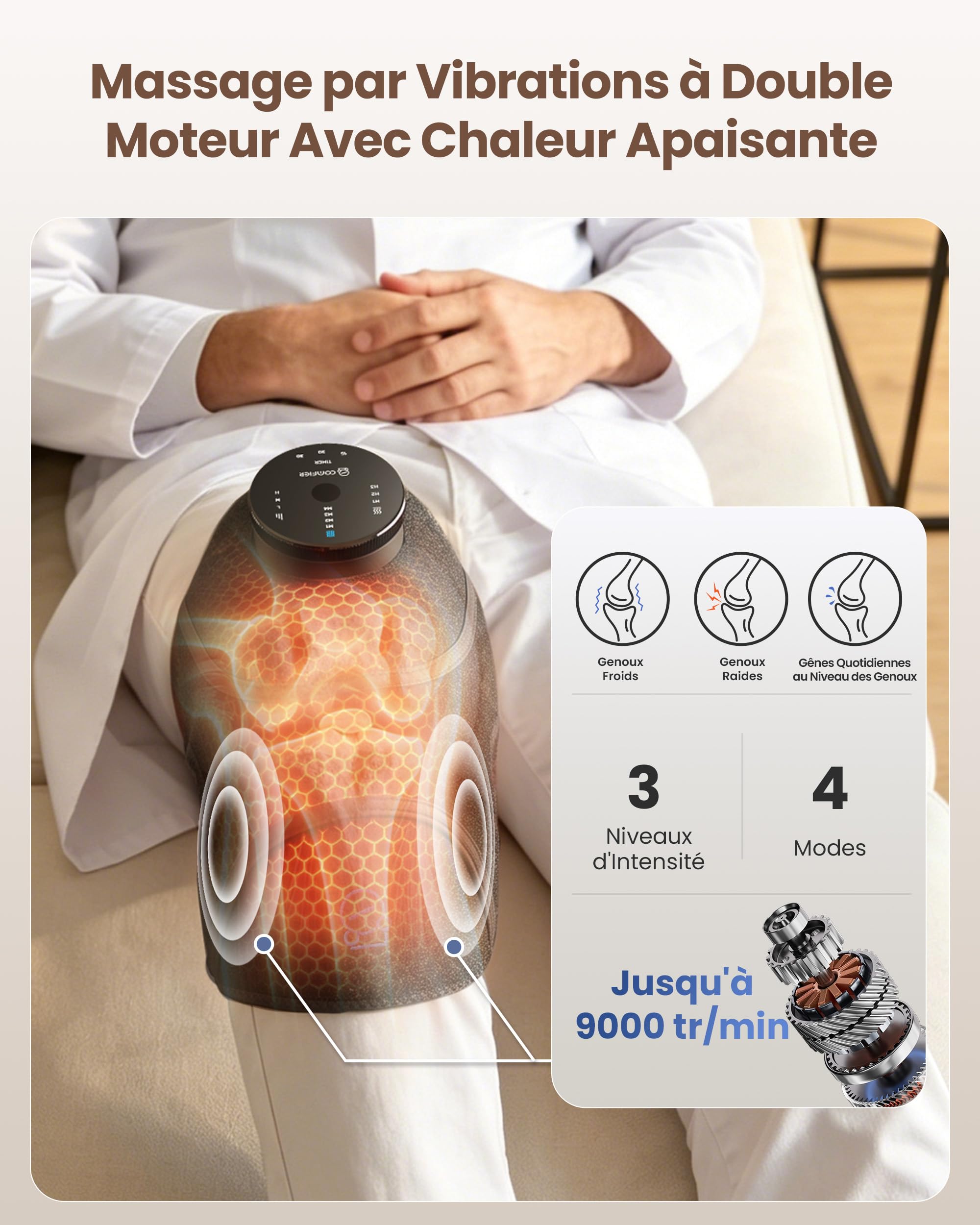 COMFIER Masseur de genou sans fil 3-en-1 avec chauffage au graphène