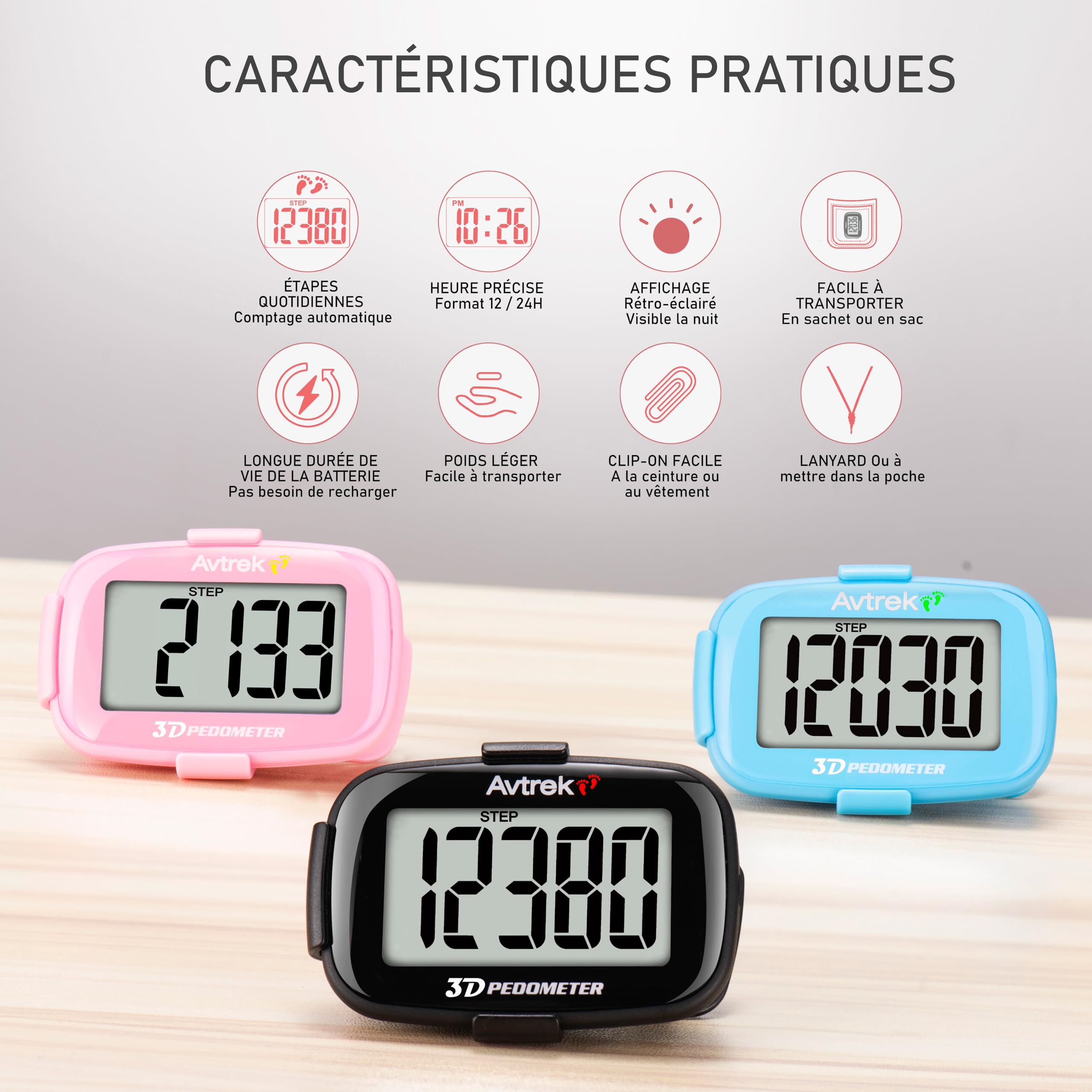 AVTREK Compteur de Pas 3D précis pour la Marche écran géant podomètre numérique pour la Course avec Affichage du Temps et rétroéclairage LED