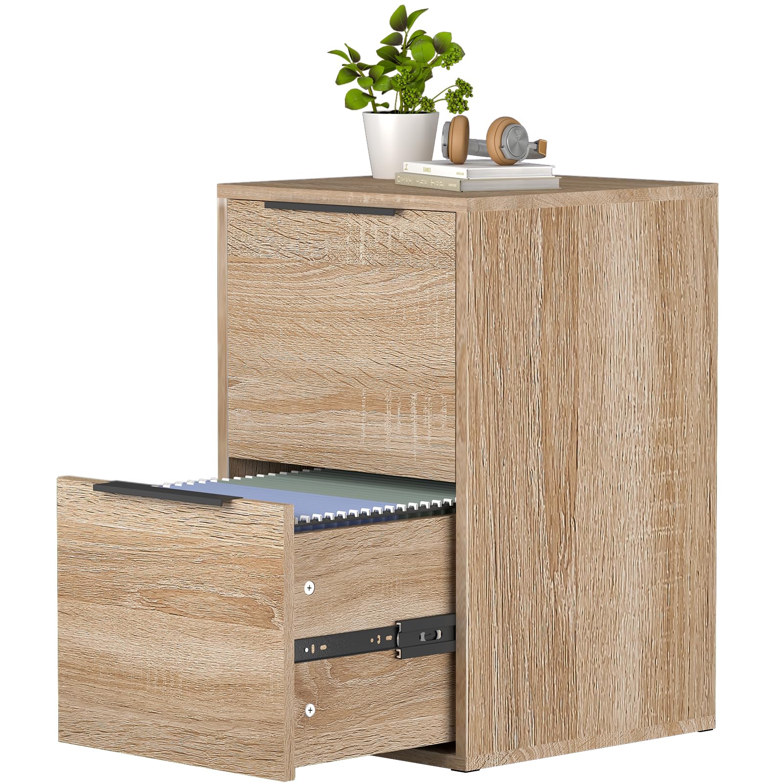 FATIGOS Wood File Cabinet 2 Drawer Filing Cabinets with Hanging Bars for Letter Size, Wooden Samll Vertical Filing Cabinet for Home Office, Oak