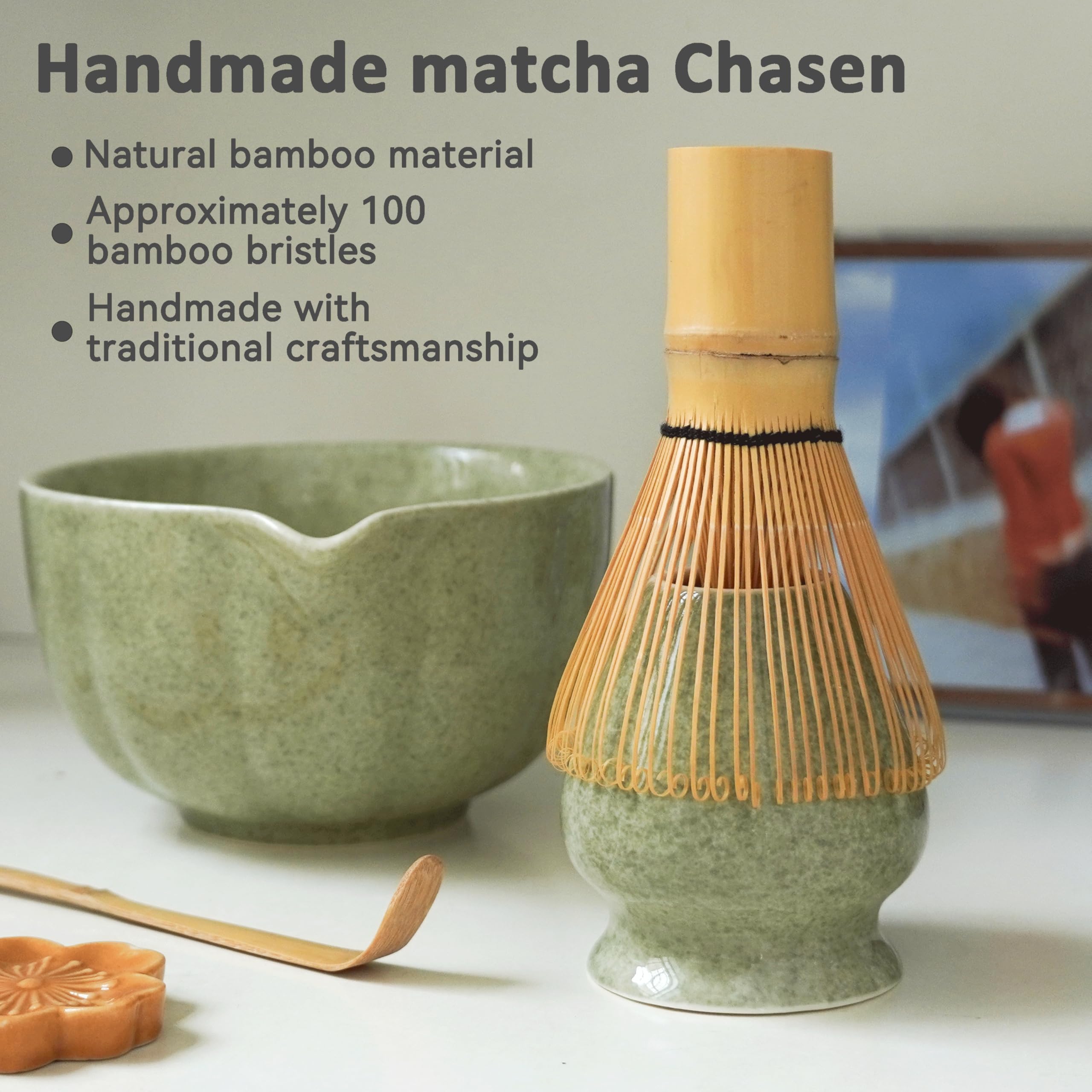 Set Matcha Premium 7 Pièces – Ensemble Exclusif pour Cérémonie du thé avec Chasen en Bambou (fouet), Bol en Céramique Rose, Cuillère et Accessoires