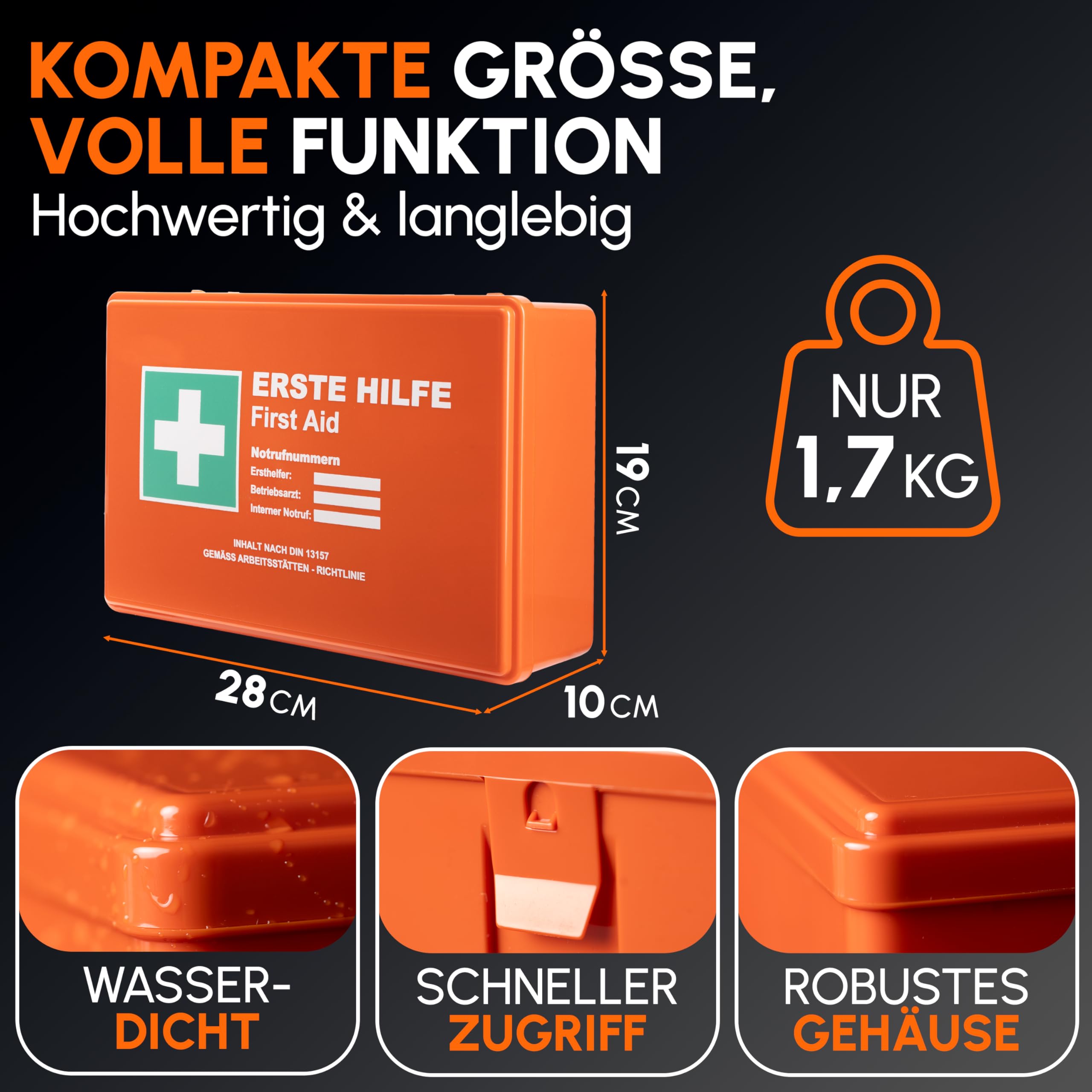 Erste Hilfe Kasten Version 2026 nach DIN 13157:2021 inkl. Wandhalterung & Aufklebern|Universal Erste Hilfe Koffer für Betrieb, Haushalt oder Gastronomie - Büro Verbandskasten gefüllt, Sanikasten