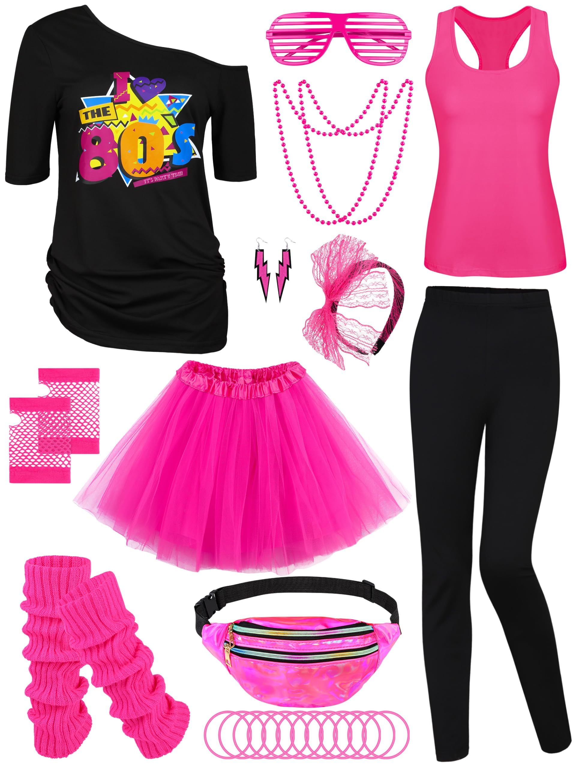 AOTHSO 24 Stücke Halloween Frauen 80er Jahre Kostümzubehör Set 80er Jahre Cosplay T-Shirt Tutu Hose Racerback Top Fanny Pack Handschuhe Beinwärmer für Party