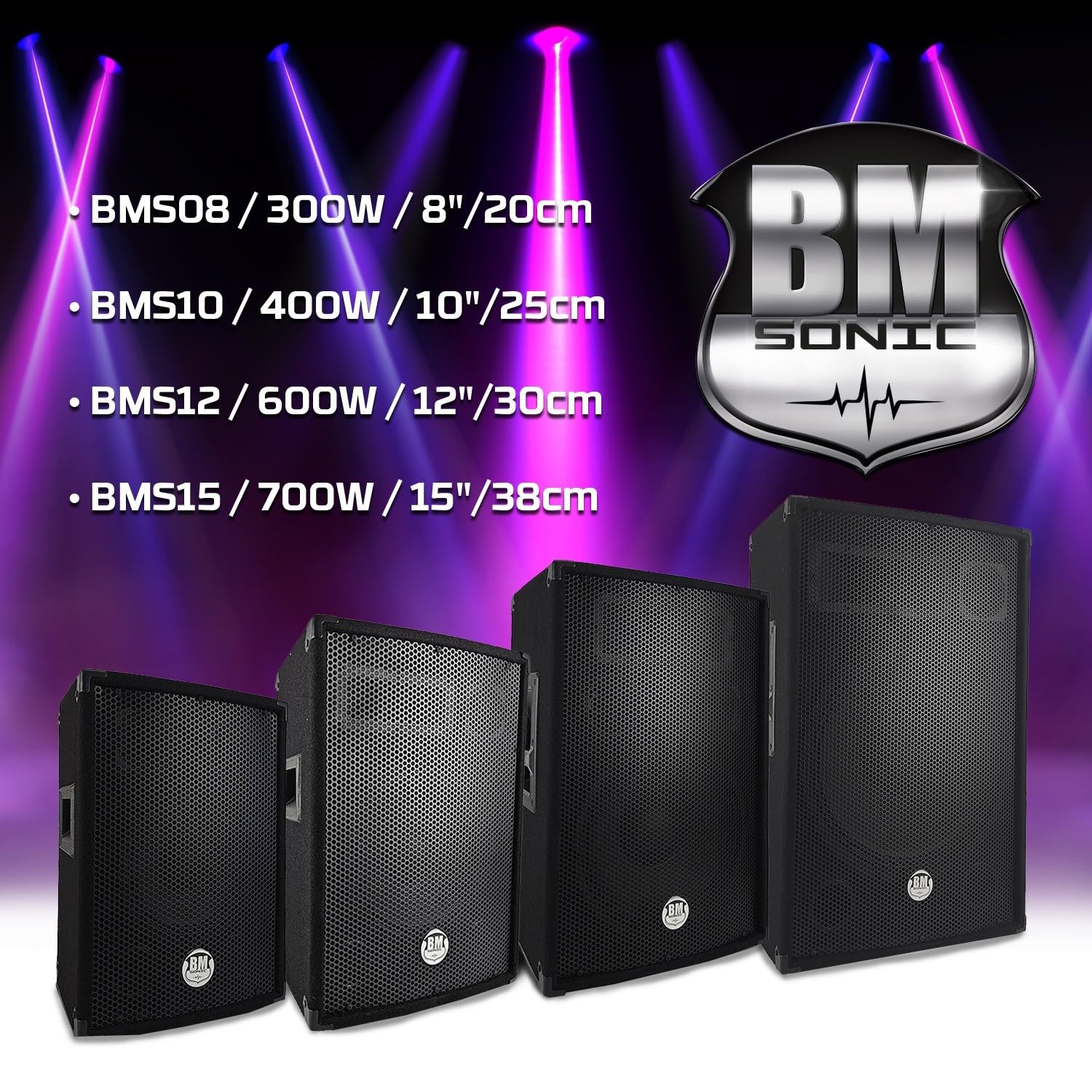 Pack Sono Sound 2400W Total - 4 Enceintes passives BM Bmsonic BMS 600W Noir - Câbles HP - Soirée - Anniversaire - Mariage - DJ