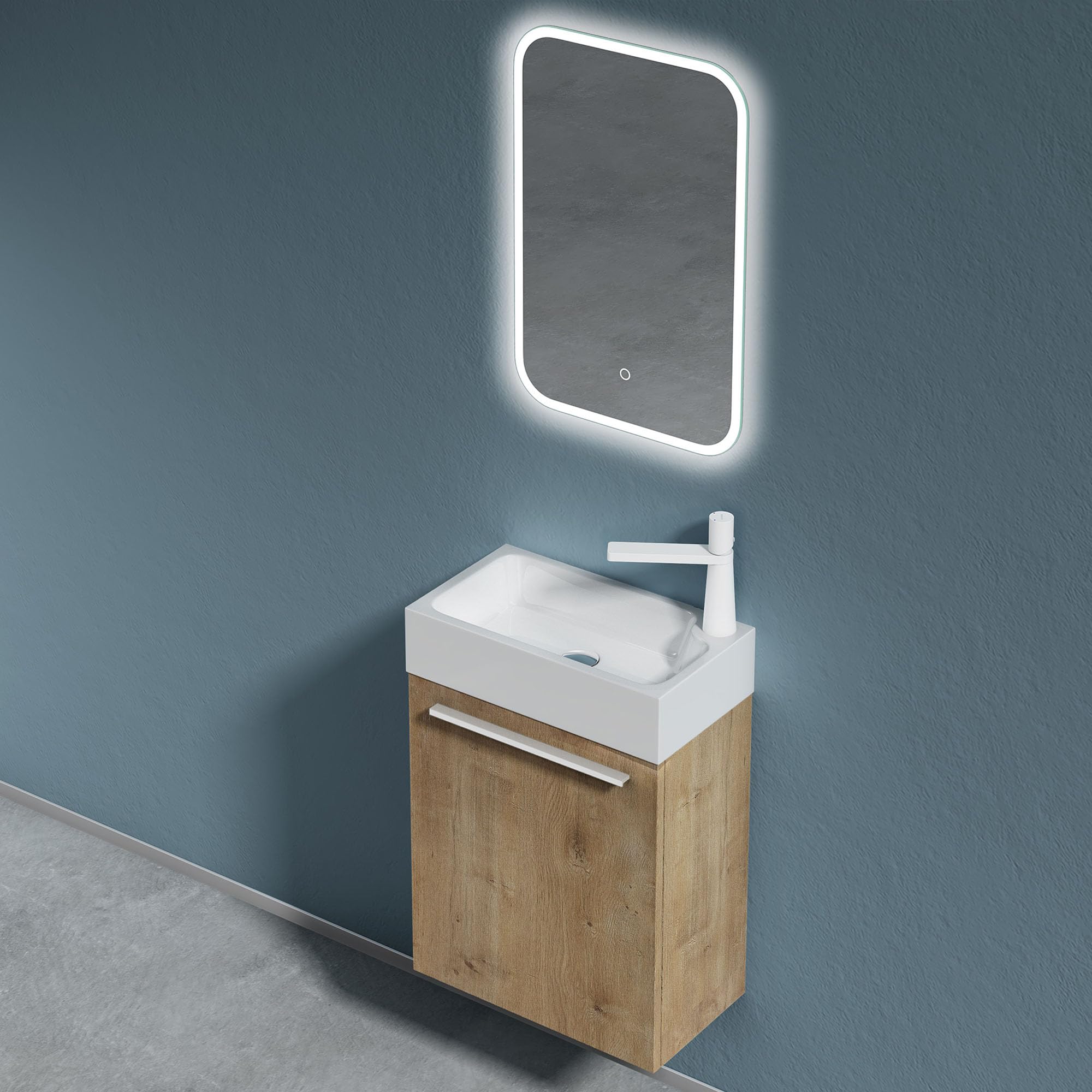 doporro Mobile Bagno Sospeso 46cm Marrone Chiaro, Mobile Sottolavabo per WC Ospiti con Lavabo in Marmoresina Bianco, Pisa