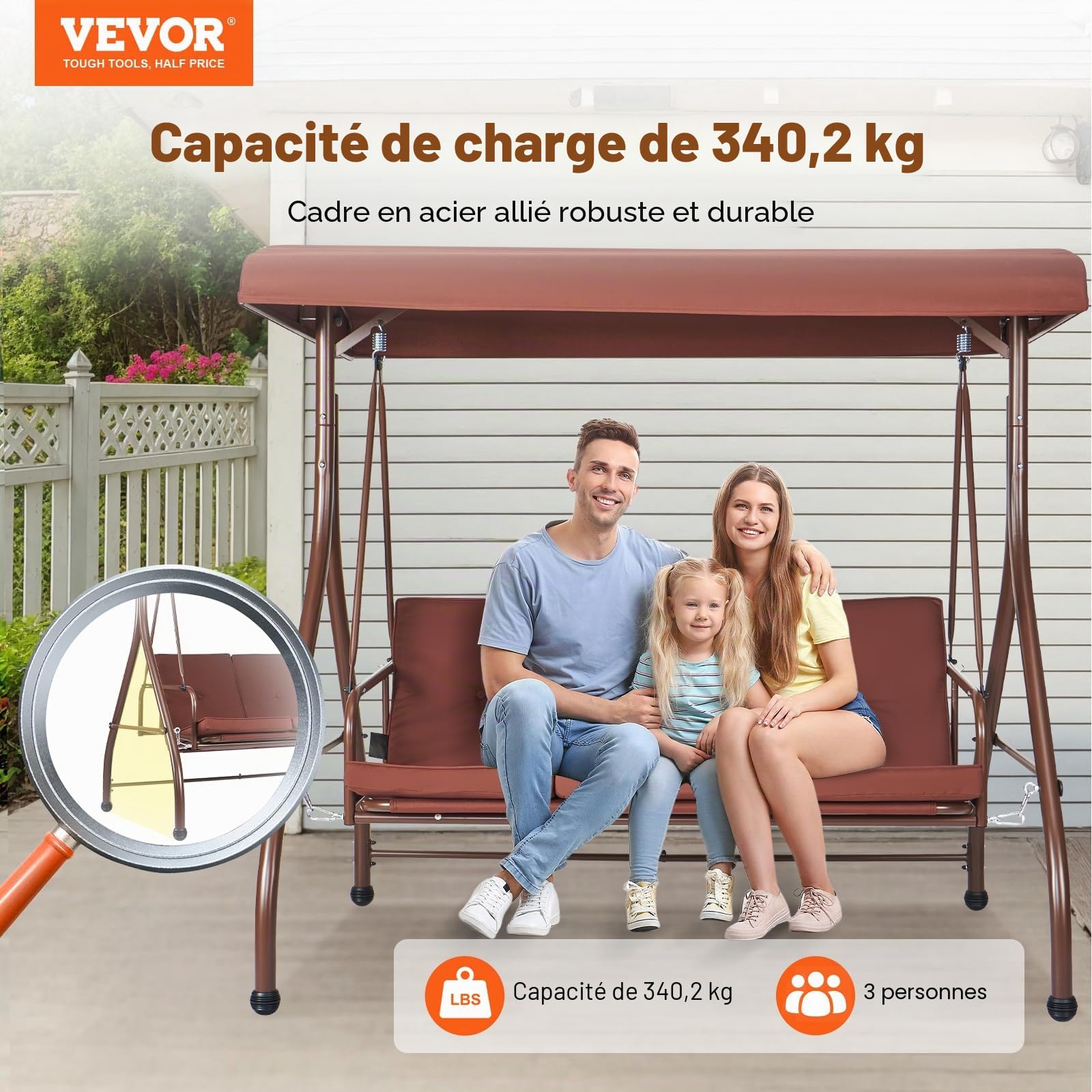 VEVOR Balancelle de terrasse 3 Places, balançoire Convertible avec auvent réglable de Porche extérieur, avec Coussin épais Amovible, Cadre en Acier allié, pour Balcon, Jardin, Bord de Piscine, Marron