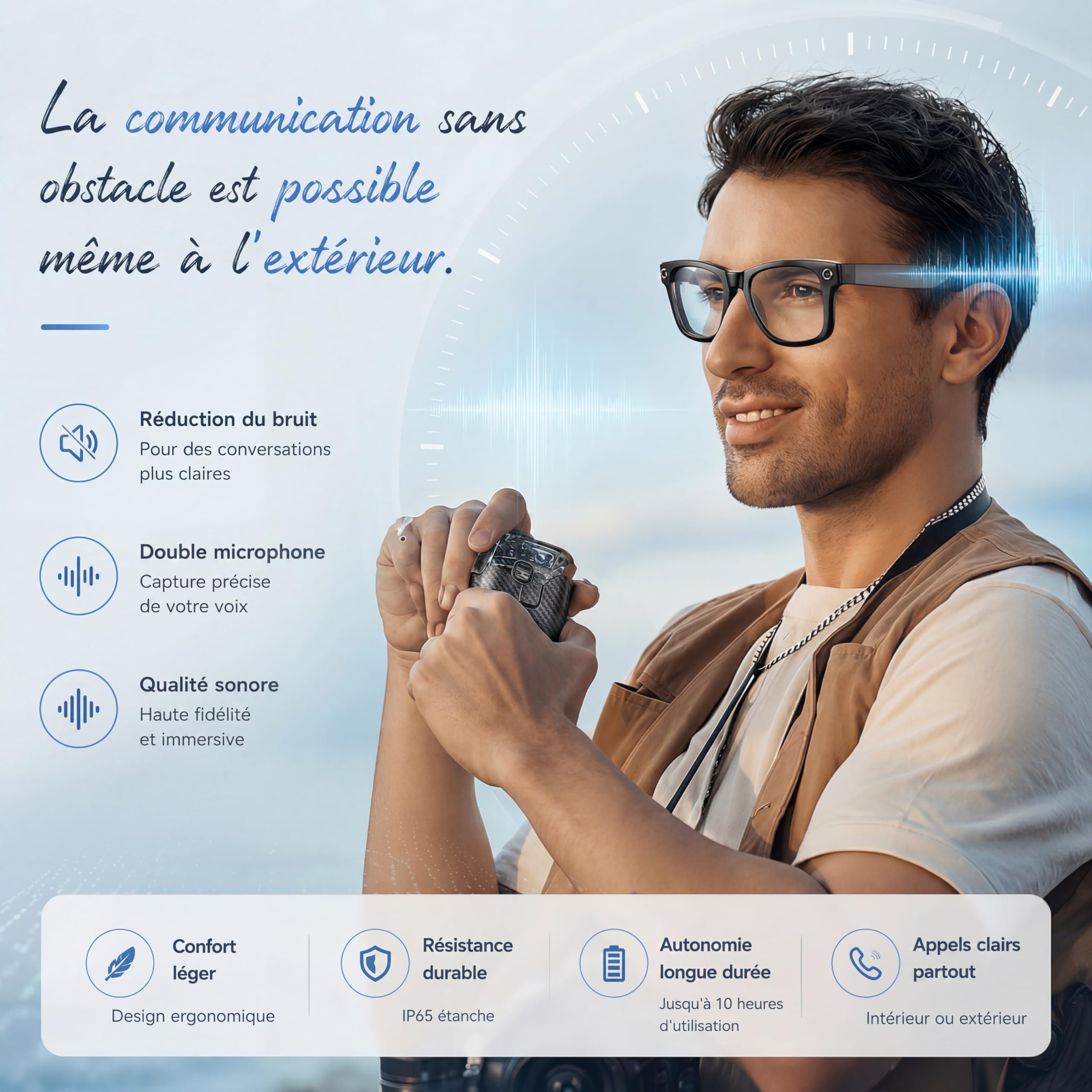Korons Lunette Connectée Lunettes Connectées avec Assistant Vocal IA Reconnaissance Intelligente Caméra HD Bluetooth Smart Glasses Idéales pour Travail et Voyage (Photochromique)