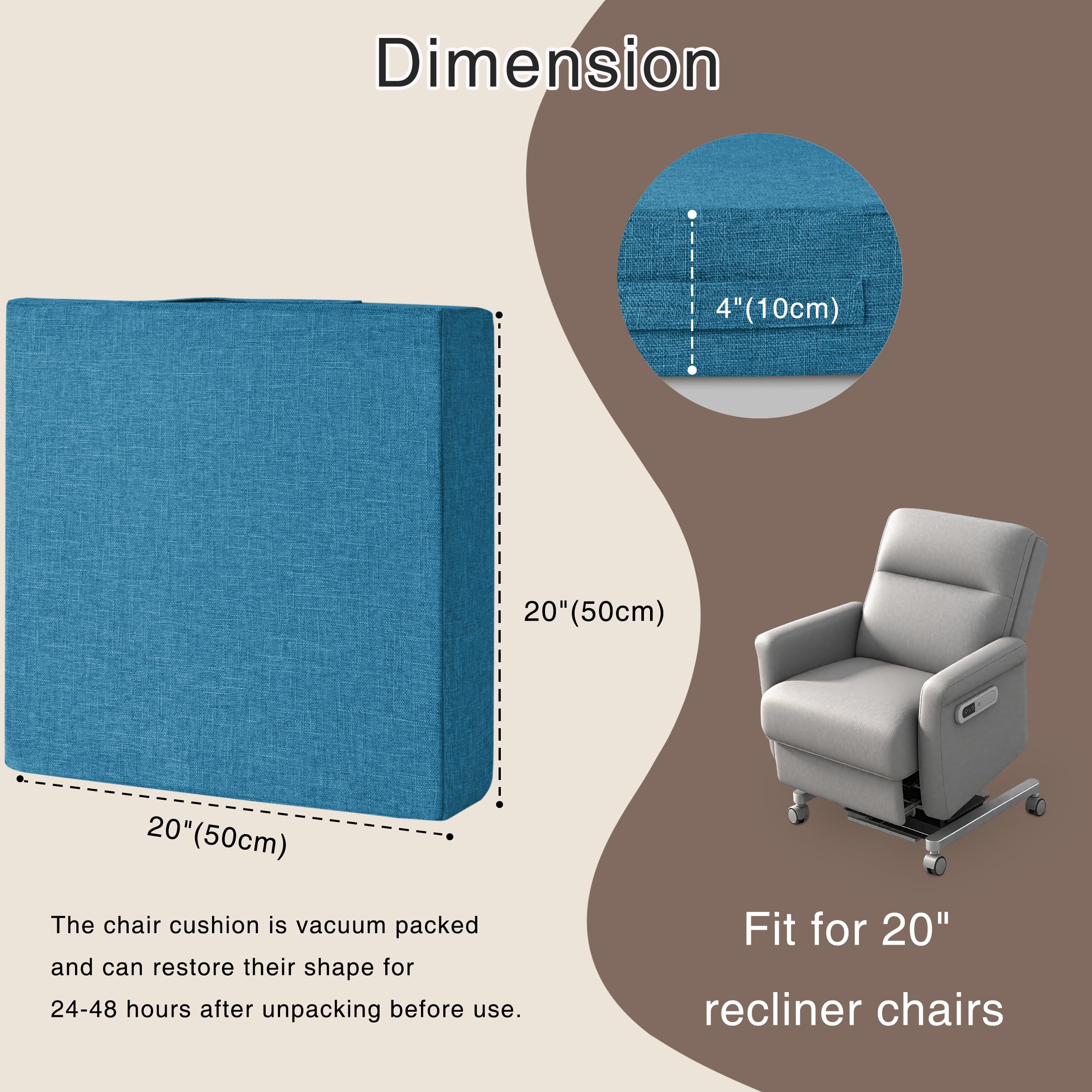 OVOV Cojines reclinables para silla reclinable, cojín cuadrado grande antideslizante con funda lavable, 20 x 20 x 4 pulgadas de grosor, color azul