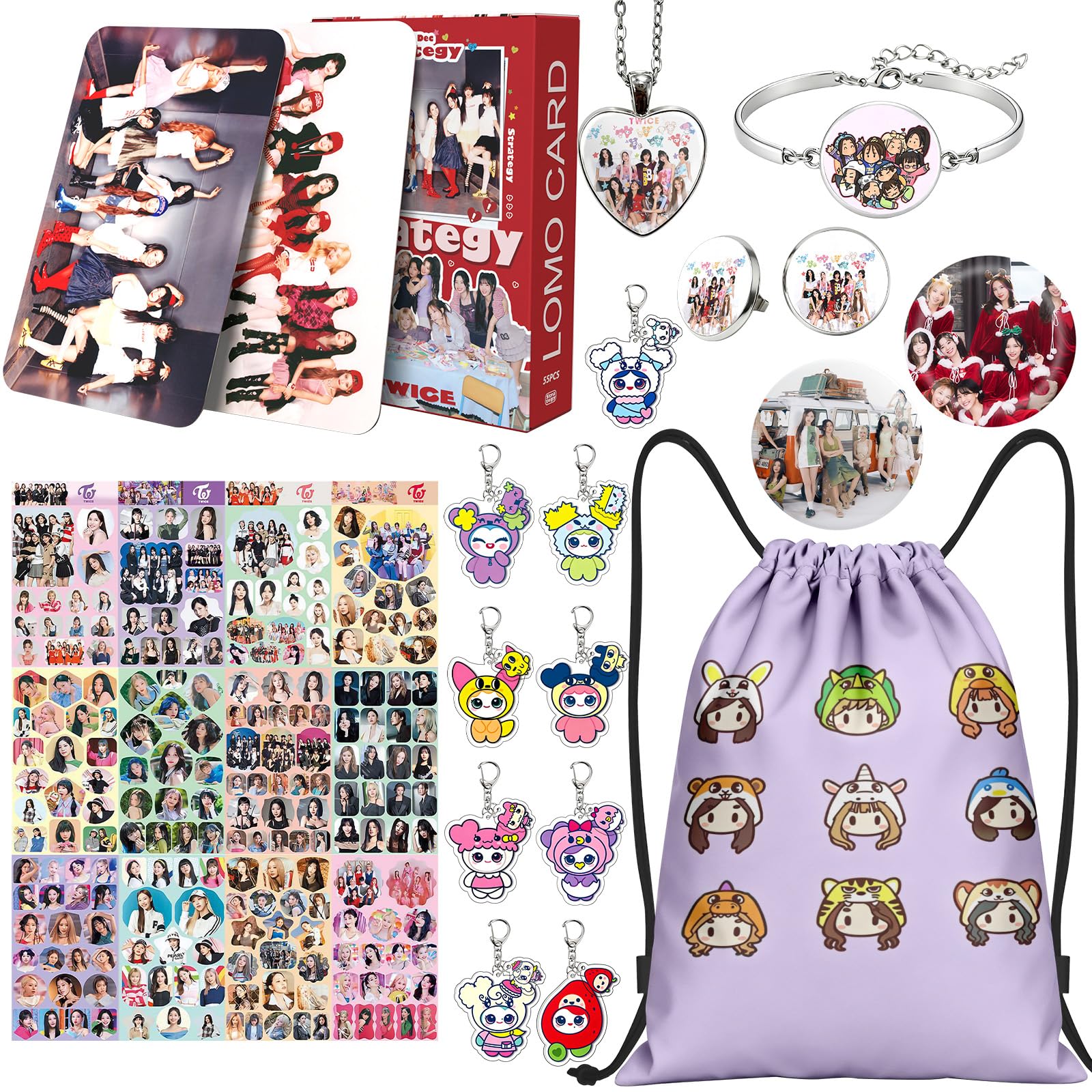 Twice Merch Regalo Set per Twice, Twice Merch con 55 photocard,1 sacca sportiva,9 portachiavi,paio di orecchini,1 bracciale, 1 collana, 2 spille, 12 adesivi