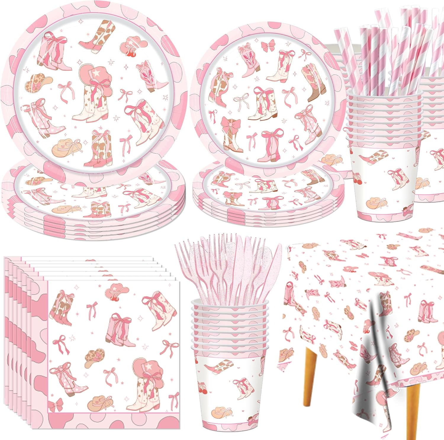 Pink Bow Cowgirl Party Dinnerware Kit for Girls - 20 Guests All-in-One, Bow Cowgirl Decorations, Coquette Birthday Supplies Plates Cutlery Napkins Cups Tablecloth for Western Baby Shower Bachelor