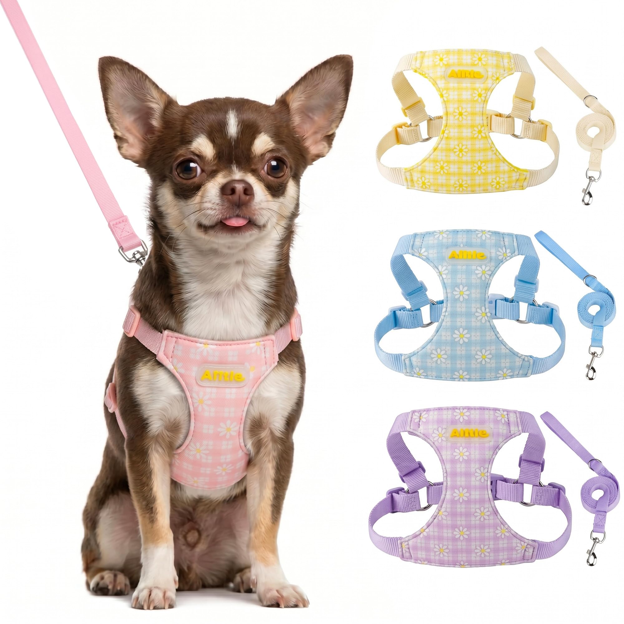 AIITLE Small Dog Vest Harness and Leash Set, Step in No Pull Dog Harness with Adjustable No Choke Design, Breathable Soft Daisy Pattern Puppy Harness for Walking, for Small Medium Dogs – Pink S