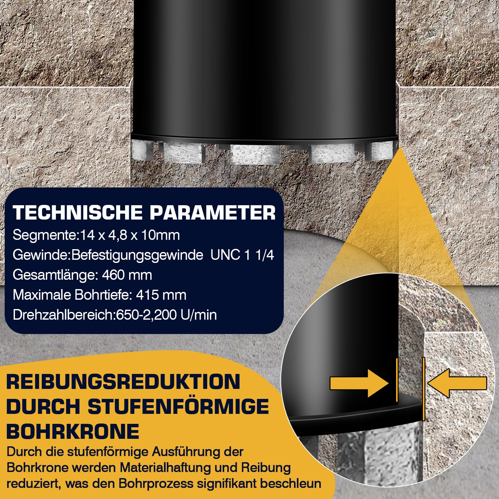 Corona de perforación de diamante UNC de 1 ¼ pulgadas, 51 mm, con SDS Max, corona de diamante para taladros centrales, L 460 mm, corona de núcleo turbo de 10 mm, corona de perforación húmeda/seca para