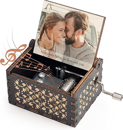 Caja de música personalizada, personalizada con tu foto y texto, caja de música de manivela de madera, grabado vintage, color negro, melodía Can't