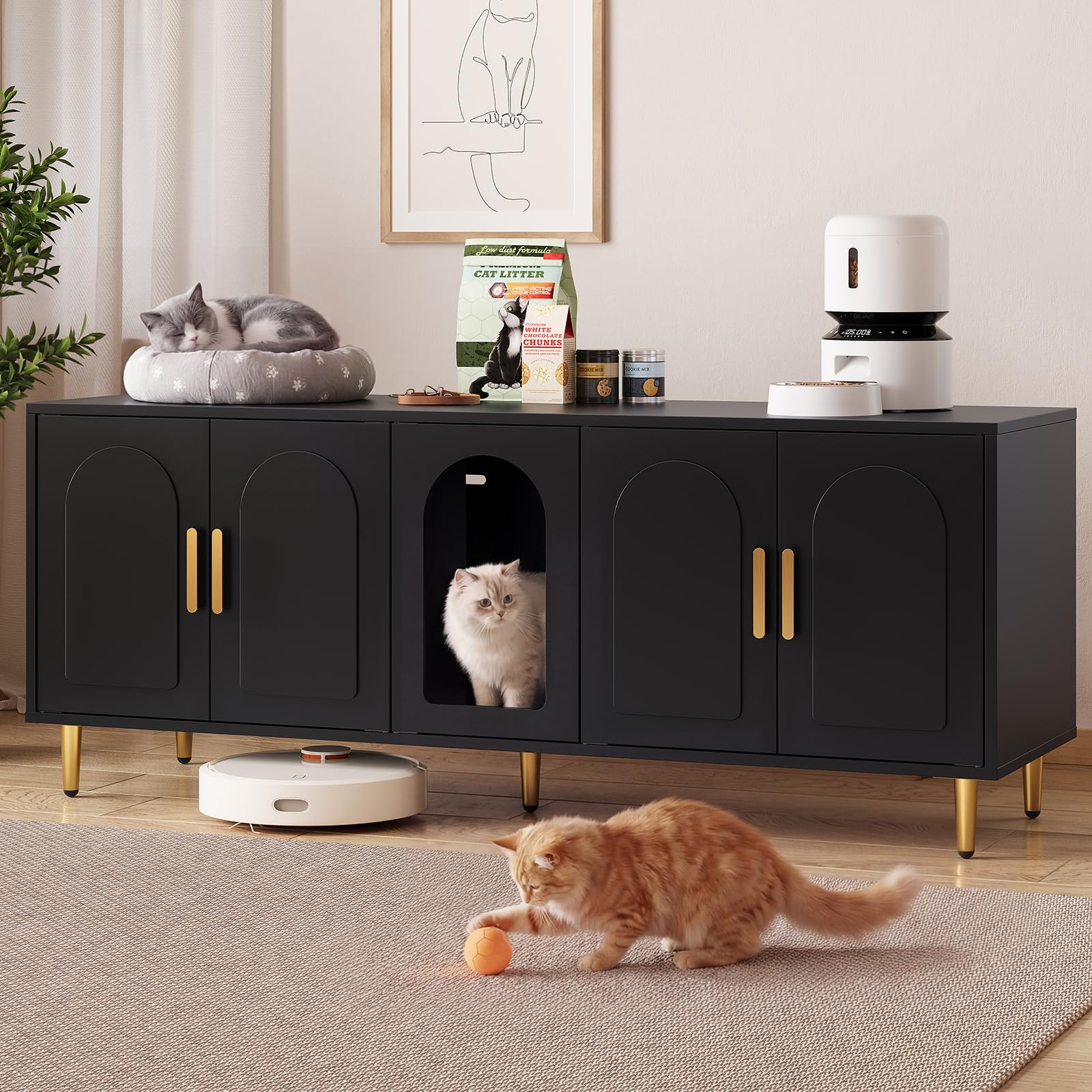 ONBRILL 60 Inches Cat Litter Box Enclosure for 2 Cats, Black