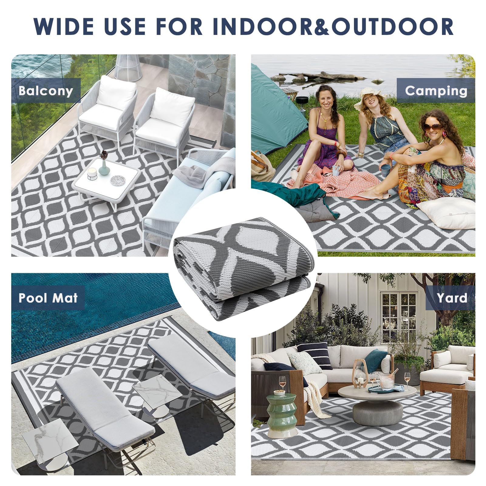 VK·LIVING Grand Tapis d'Extérieur pour Patios Imperméable 180X270cm Tapis de Jardin Réversible Tapis de Sol en Léger Tapis de Patio Pliable et Portable pour Balcon Camping Cour RV Plage Gris&Blanc