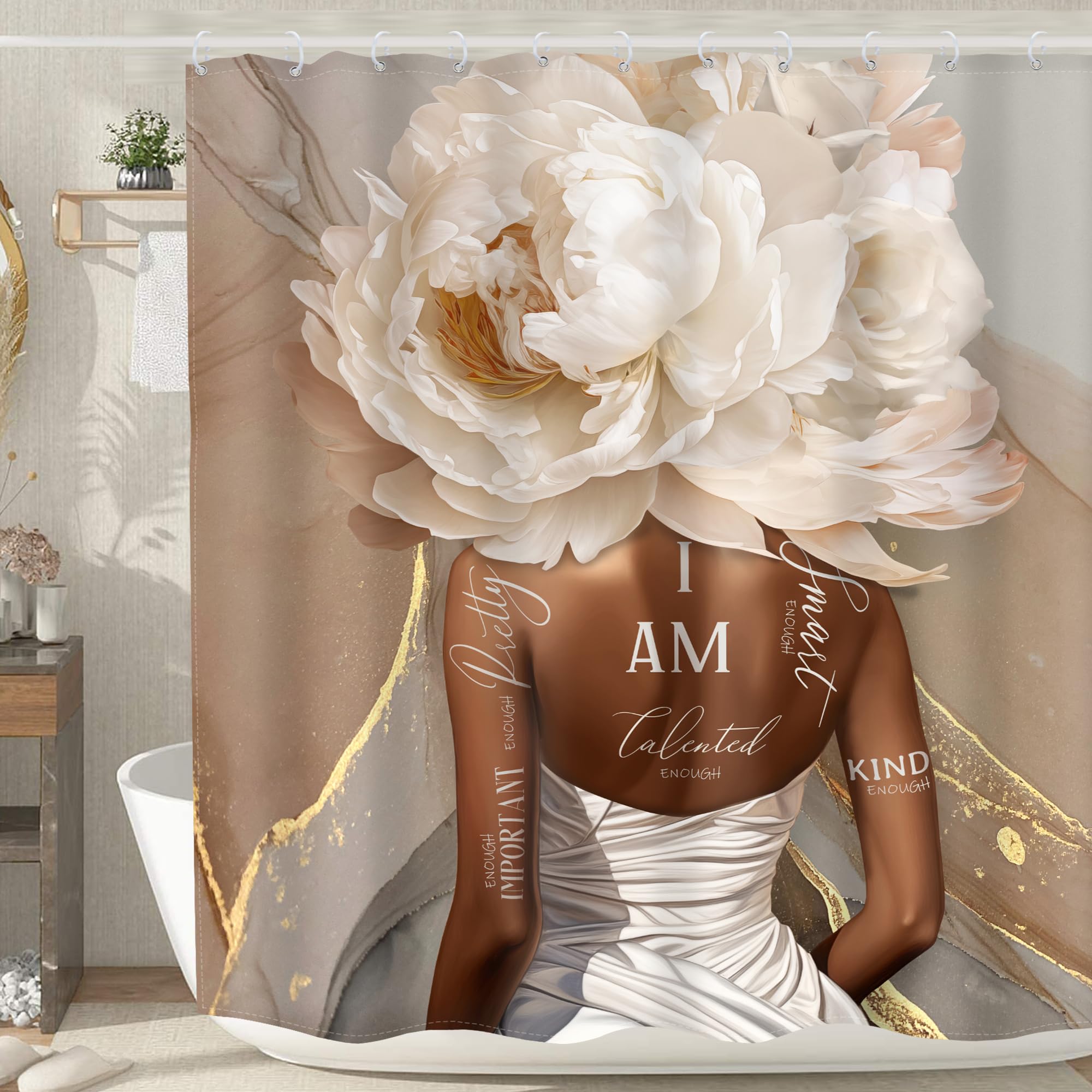 MESHELLY African American Abstract Shower Curtain 60Wx72H Pink Marble Black Girl Shower Curtain Rose Gold Flower Positive Quotes Floral Black Women