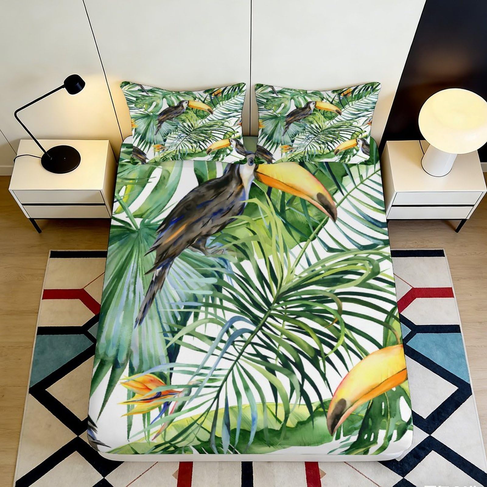 3D Printed Tropical Toucan Fitted Sheet Microfiber Soft Leaf Mattress Cover for Bedroom Guest Room Dorm Decor 90x200x25cm