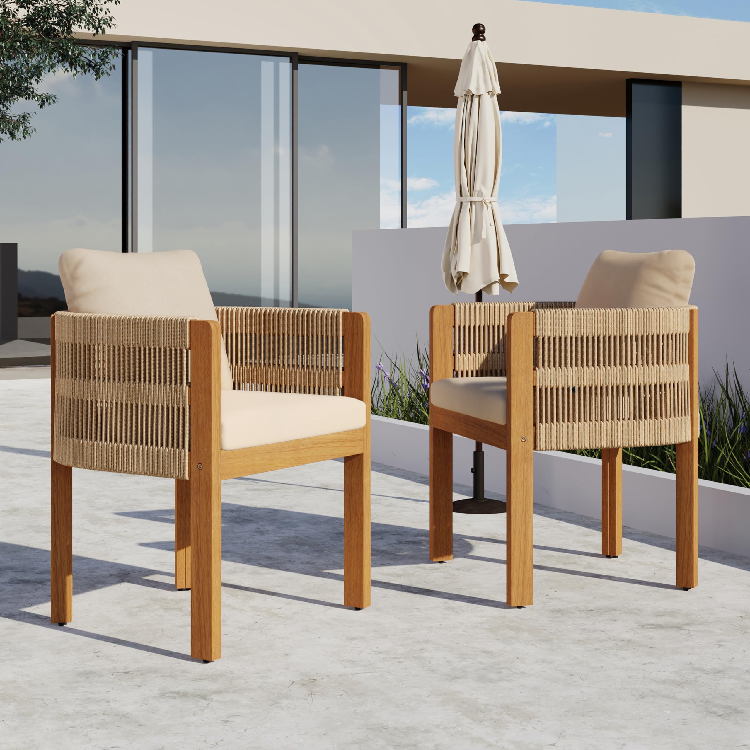 Christopher Knight Home Levi Set of 2 Outdoor Dining Chairs, Acacia Wood Patio Dining Room Chair with Waterproof Cushions, Rope-Wrapped Accents, Comfy