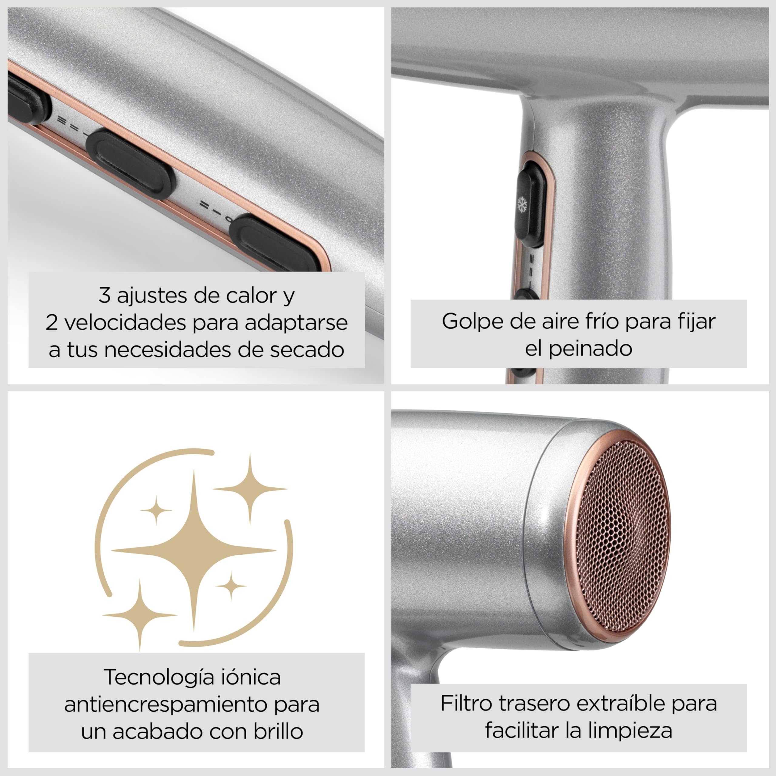 BaByliss Cosmos Secador de Pelo Ligero con Difusor – Secador potente y elegante de 2100W, Acondicionamiento iónico sin frizz, 3 niveles de calor y 2 velocidades, Plateado, D580DE