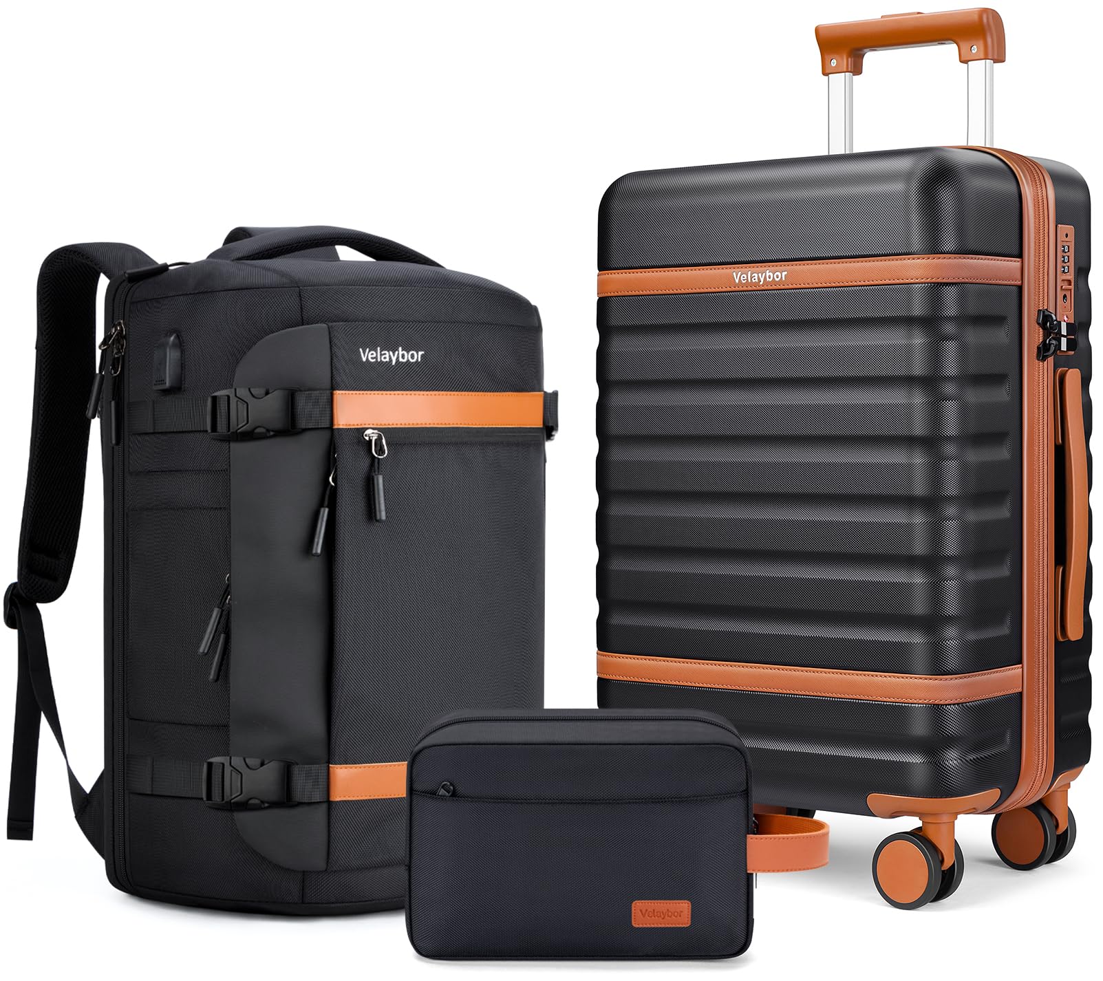 Luggage Sets 3 Piece with Spinner Wheels, Lightweight PC Hardside Suitcase with TSA Lock & YKK Zippers, 20 Inch Carry On Luggage with Travel Bag for Men and Women, Black