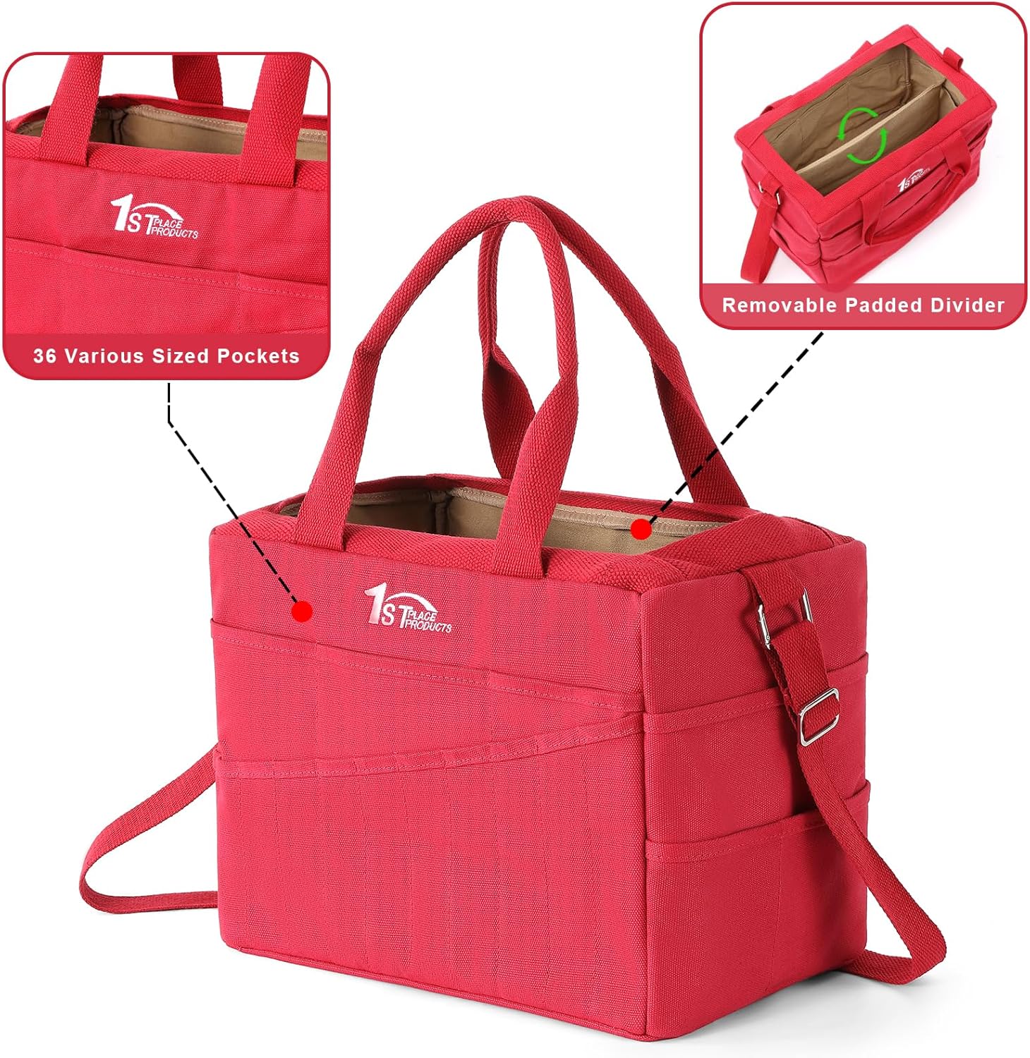 Art Craft Supply & Pottery Bag – 36 Pockets – Detachable Shoulder Strap - Handles – Removable Padded Divider - Washable – Tools, Knitting, Crochet, Yarn, Sewing, Scrapbooking, Clay, Tote