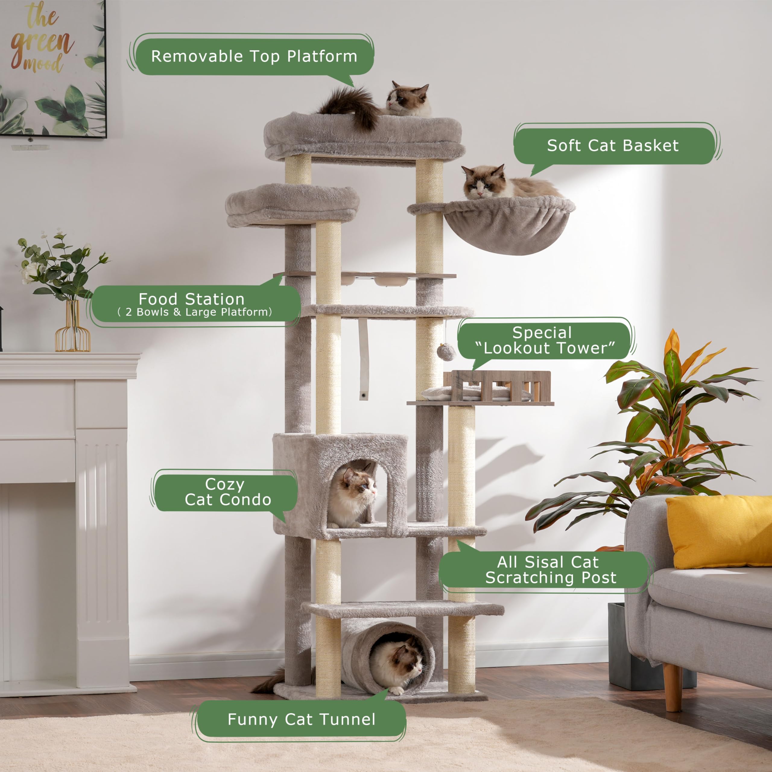 Gitelsnour Arbre à Chat avec Station d’Alimentation et Plateforme en Bois, Arbre de 167 cm avec Tunnel et Niche pour Chat, 11 poteaux à griffer en sisal, Plateforme supérieure, Gris Clair GCT021W
