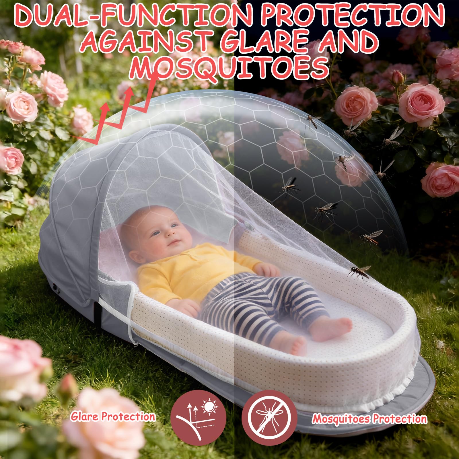 Huracan Nid de bébé pliable avec moustiquaire et couverture, nid de bébé, lit de voyage portable pour bébé en coton respirant, matelas en mousse douce, espace de couchage sûr pour nouveau-nés de 0 à