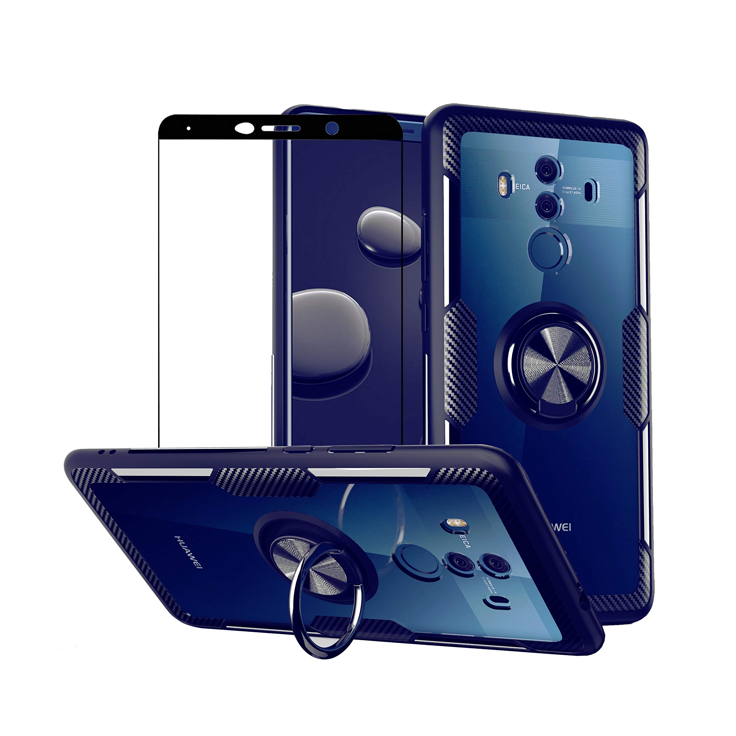 2ndSPringCase for Huawei Mate 10 Pro with Tempered Glass,Slim Silicone Soft TPU Bumper Hard Transparent Back Cover Shell with Metal Ring Magnetic Kickstand,Blue
