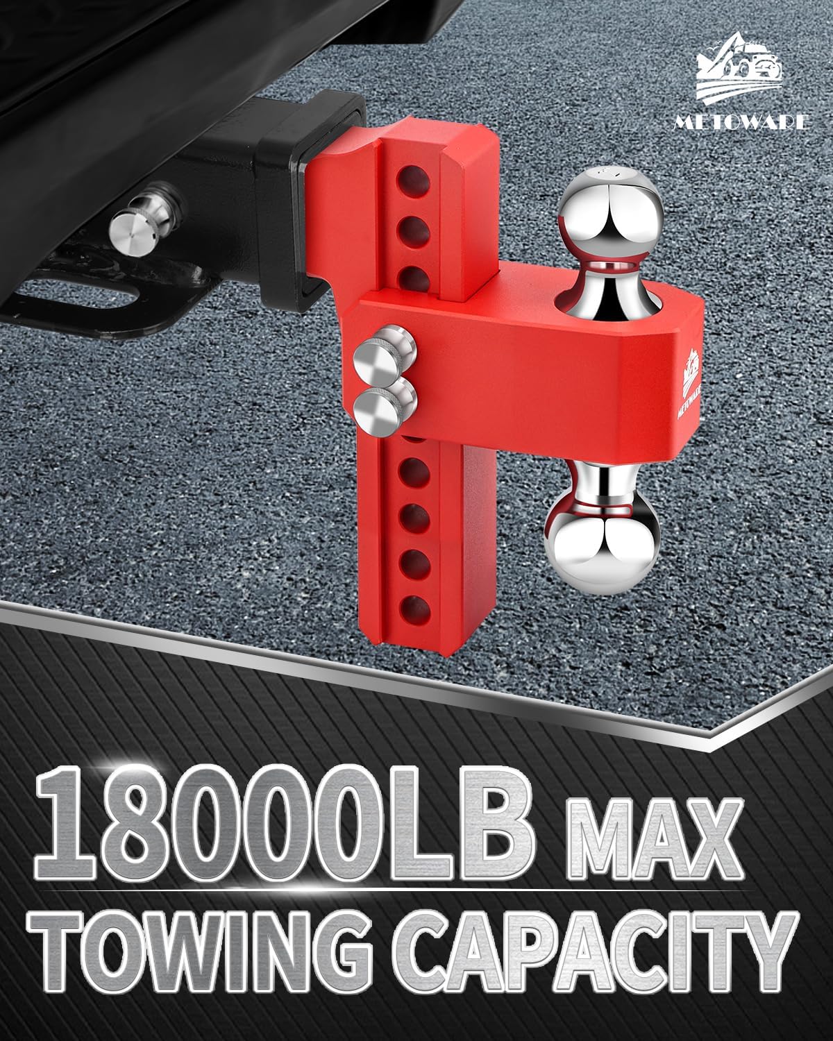 METOWARE Adjustable Trailer Hitch for 2.5 Inch Receiver, 8" Drop/Rise Heavy Duty Aluminum Tow Hitch, 18,000 LBS GTW, Dual Ball (2" & 2-5/16"), Double Stainless Steel Locks & Hitch Pin (Red)