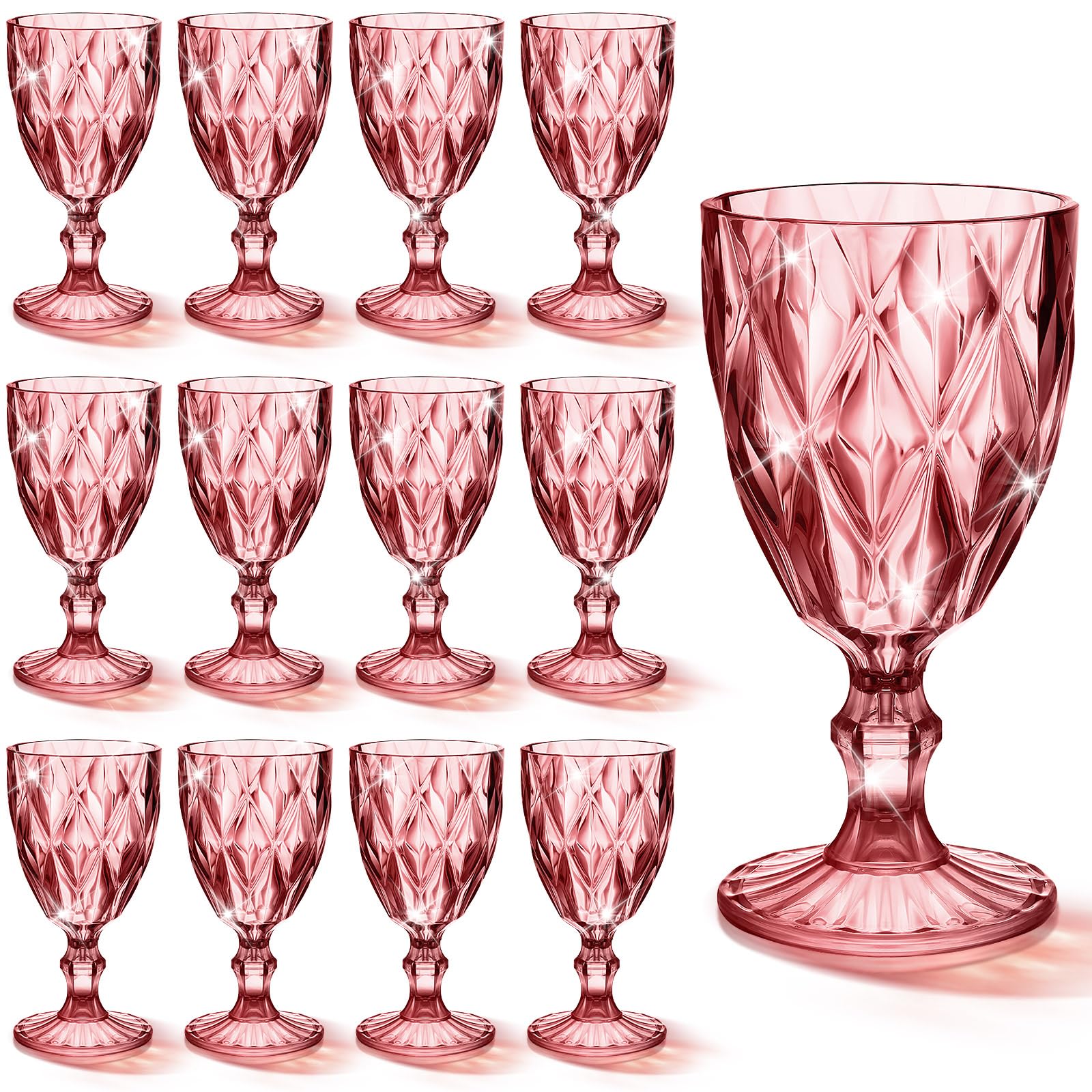 Tioncy 12 copas de vino de plástico vintage copas de agua irrompibles de 11 onzas, copas de vino reutilizables a granel, copa de champán para boda, recepción, ducha, bar, cumpleaños (rosa rosa)