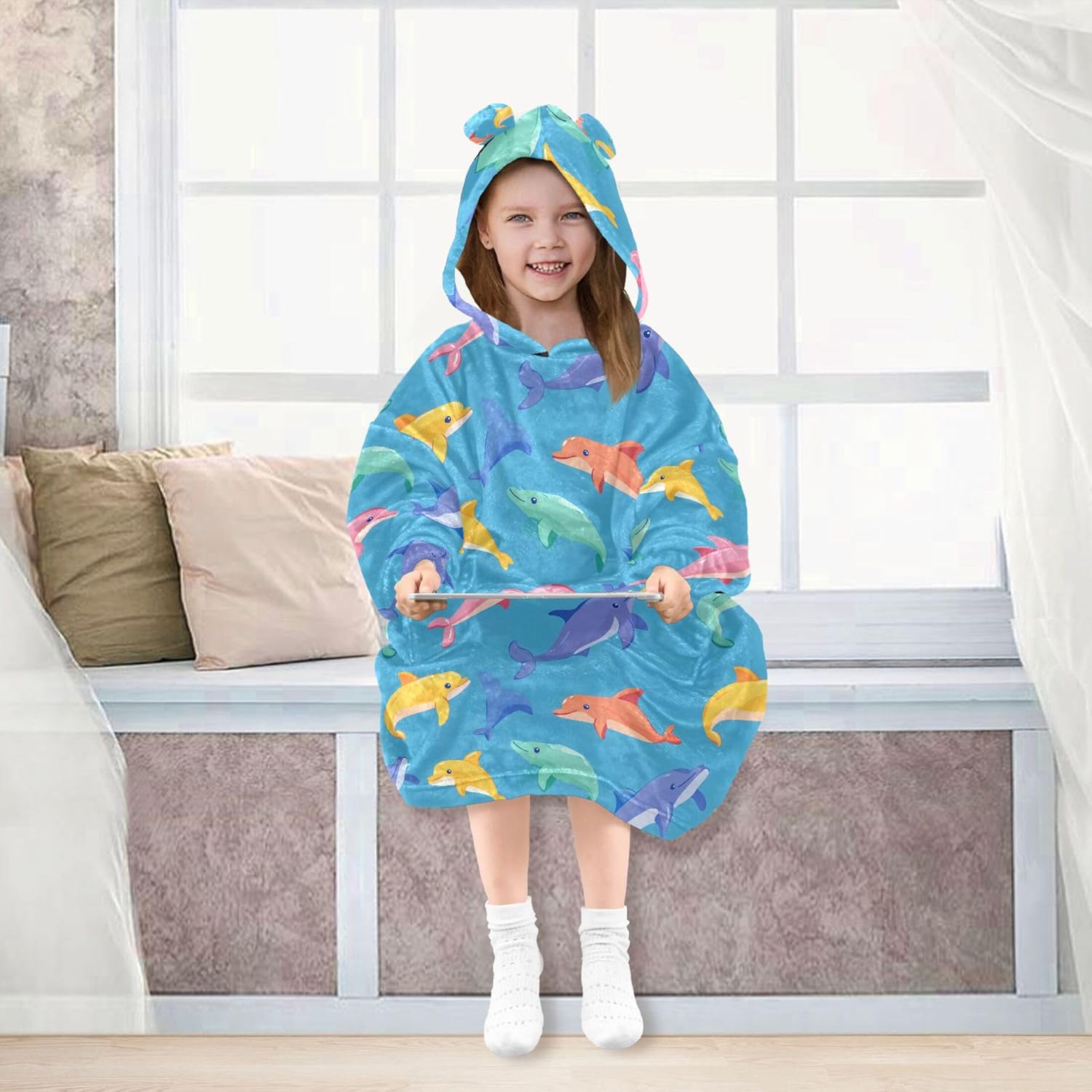 Dolphins Animal Kids Wearable Blanket Hoodie with Pocket and Sleeves for Toddlers, Cute Hoodies Girls Boys B0403827