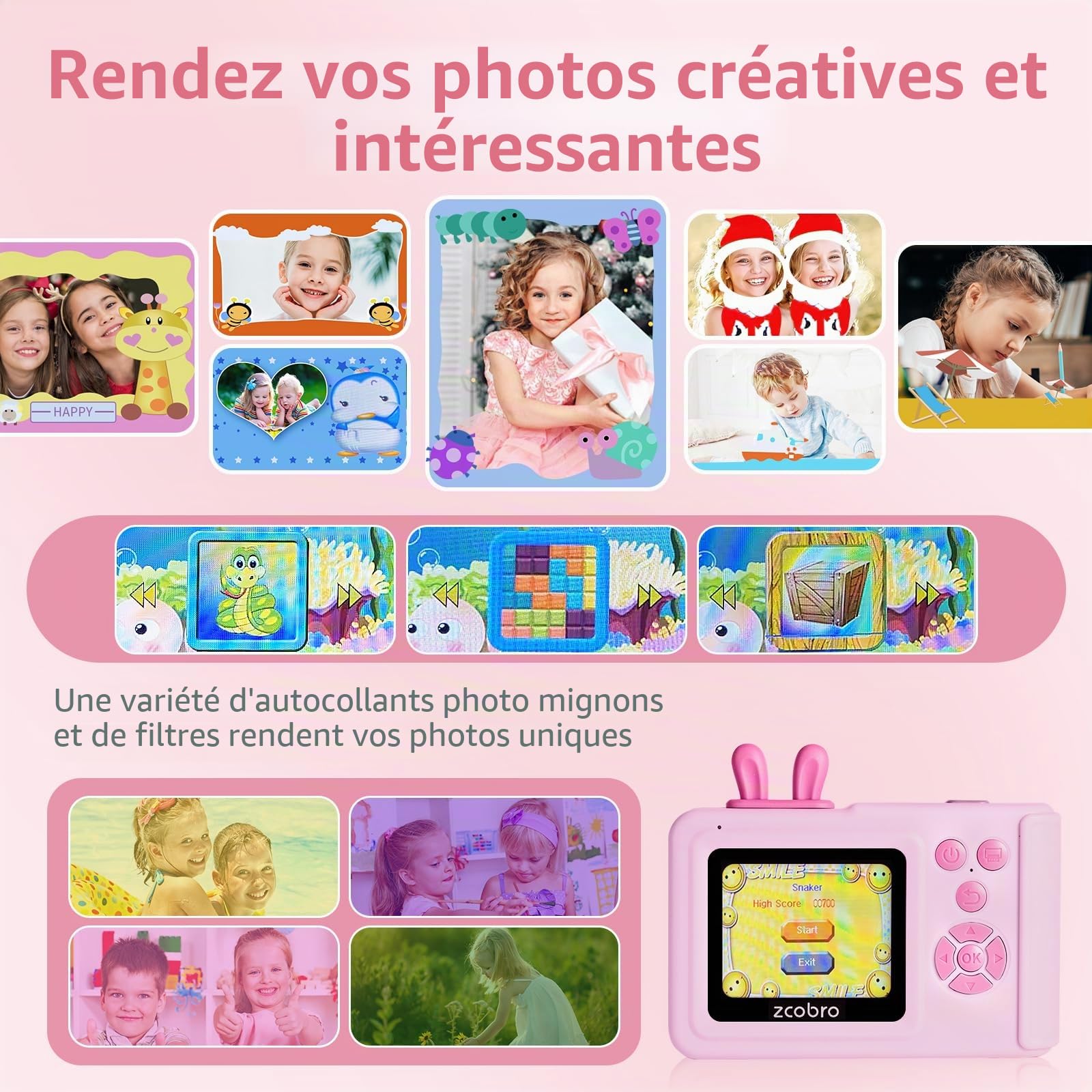 Appareil Photo Enfant Instantané Lapin, 2.4" 1080P Appareil Photo Numérique pour Enfant, Eouet Enfant Et Cadeau Fille 3 4 5 6 7 8 9 10 11 12 Ans, Noël Anniversaire Jouets pour Enfants (Rose)