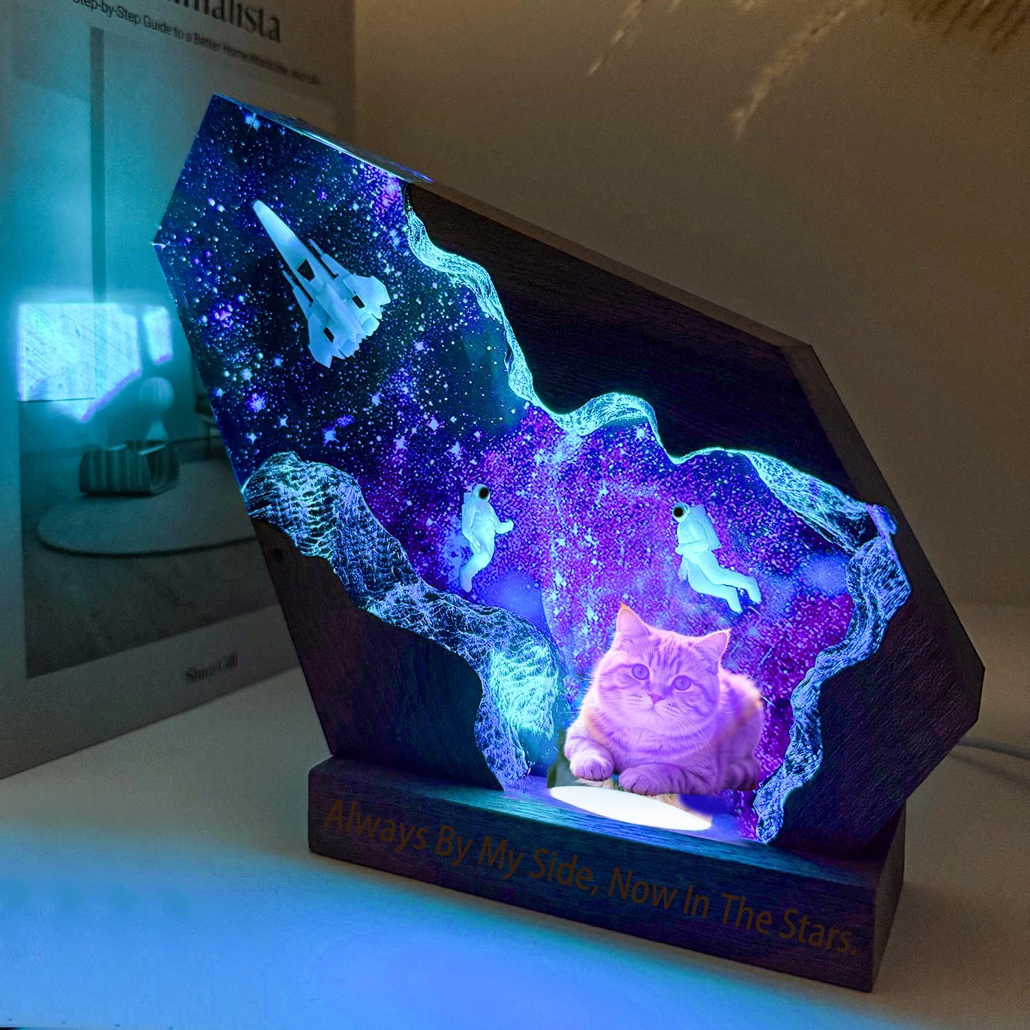 Custom dog & cat memorial gifts for loss of dog & cat, Personalized Space Resin Lamp with Photo and Text, Variable Lights, Handmade Unique pet memorial gifts for the furry astronaut you missed (8"x5")