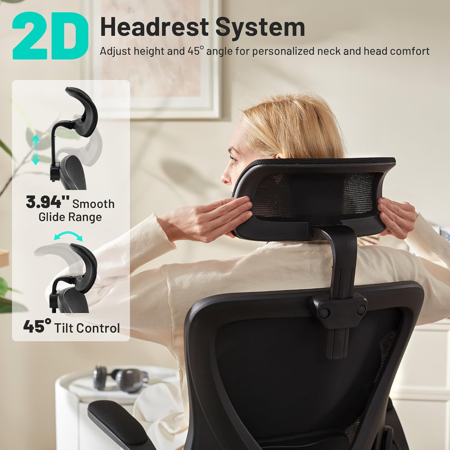 AreShark Office Chair - Ergonomic Desk Chair Breathable Mesh Chair with 2D Headrest & Adjustable Lumbar Support - Executive High Back Rolling Swivel Computer Gaming Chair with Wheels Flip-up Armrests - Image 4