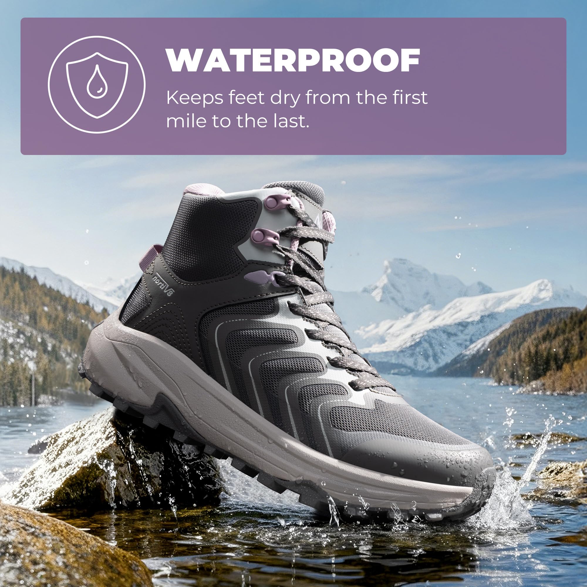 NORTIV 8 Stivali da trekking da donna, impermeabili, con supporto per arco plantare, per camminare, all'aperto, comodi, leggeri, Echo Mid