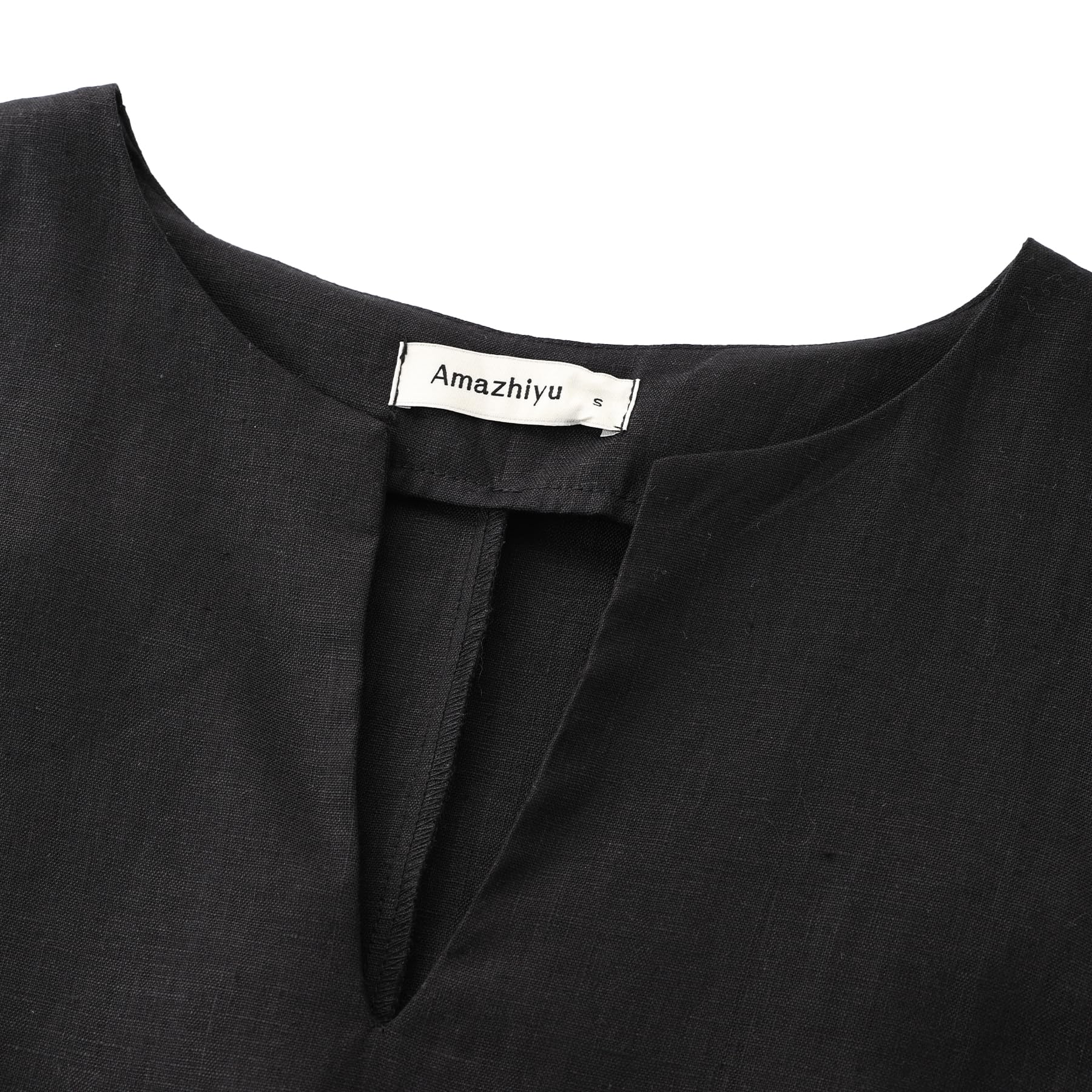 Amazhiyu Robe d'été en lin pour femme - Sans manches - Robe midi - Longueur genou - Coupe trapèze - Col en V - Robe pour femme - Robe de plage - Loisirs