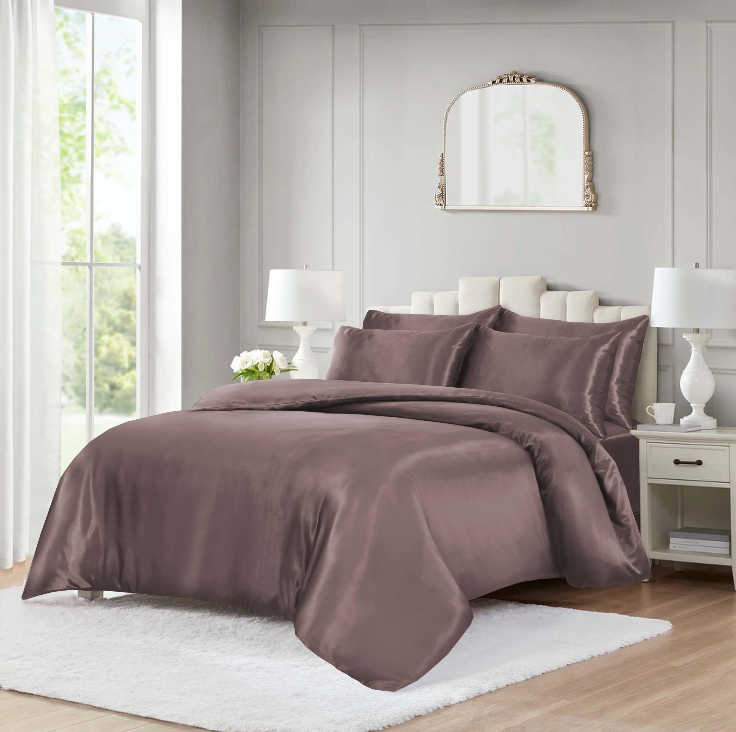 ROOEE 10 Piece Satin Silk Complete Bedding Set – Luxury Satin Duvet Cover, Silky Fitted Sheet with Matching Pillowcases, Sleep Mask, Hair Accessories & Storage Pouch (Blush Pink, Single)