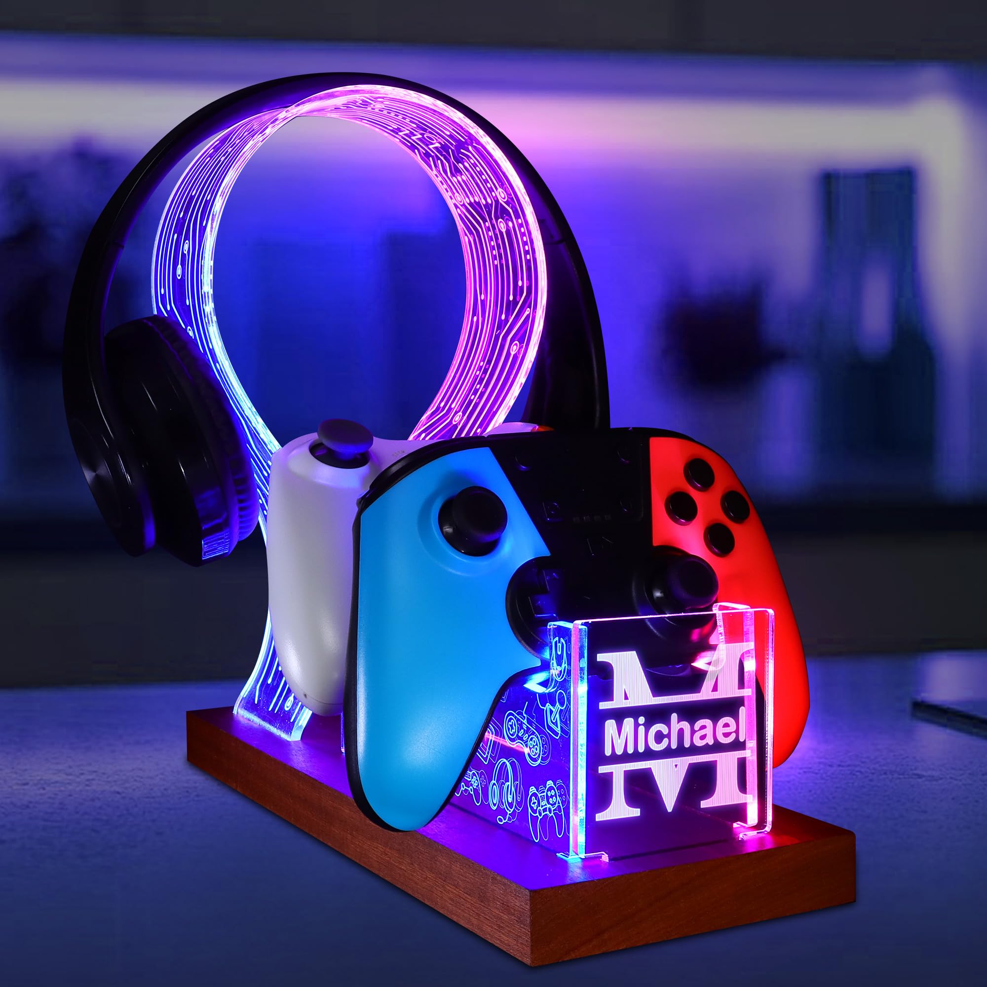 YuanDian Regalos para jugadores adolescentes, auriculares de escritorio y soporte de controlador con luz nocturna LED azul y rosa, soporte de controlador de madera acrílica con patrón de PCB, regalo