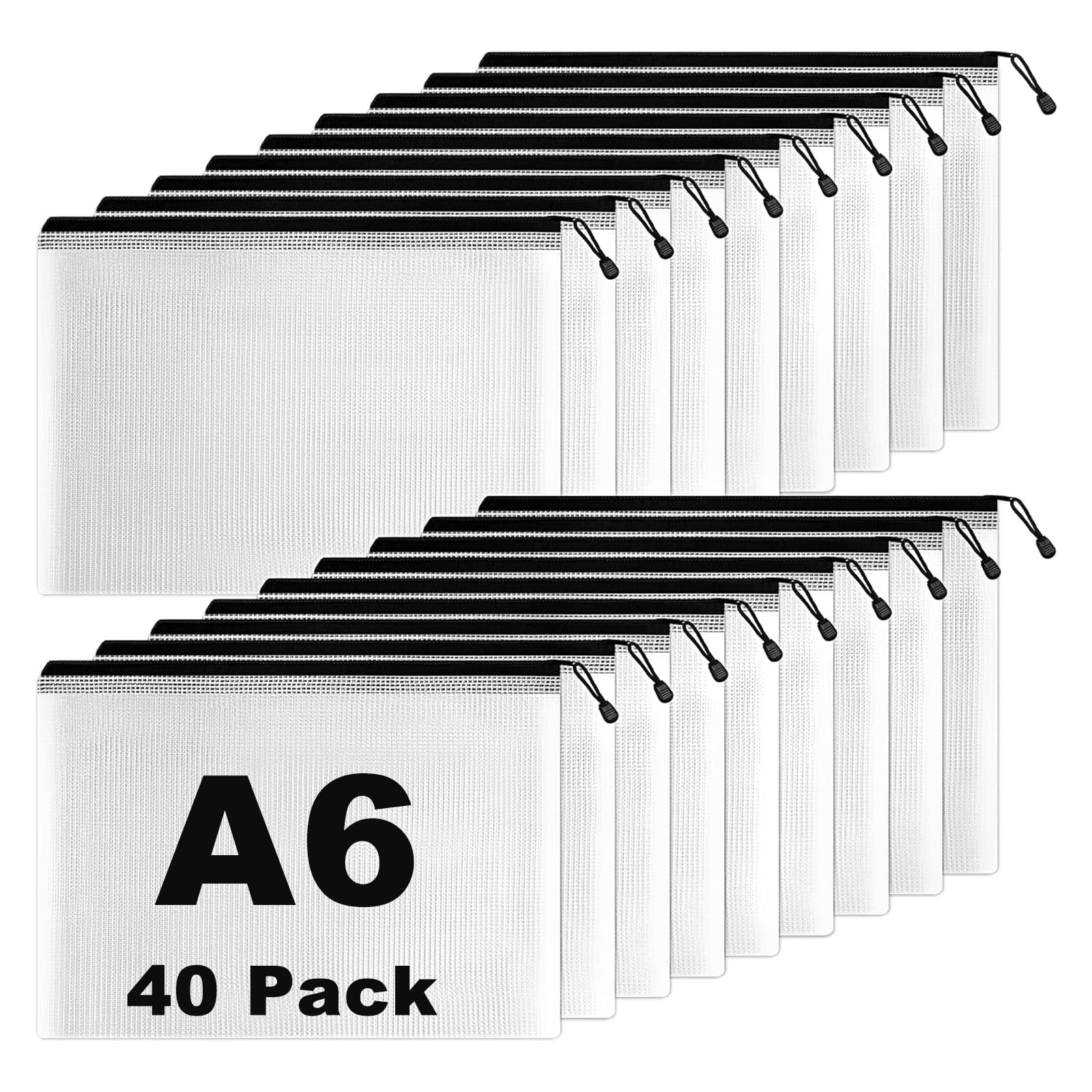 AKOLAFE Lot de 40 Pochette Document Zippée A6, Pochette Zip en Maille Noire Pochette Zippée 12x16CM Pochette Plastique Zippée Mesh Zipper Pouch pour Papier, Reçus, École, Cosmétiques, Voyage