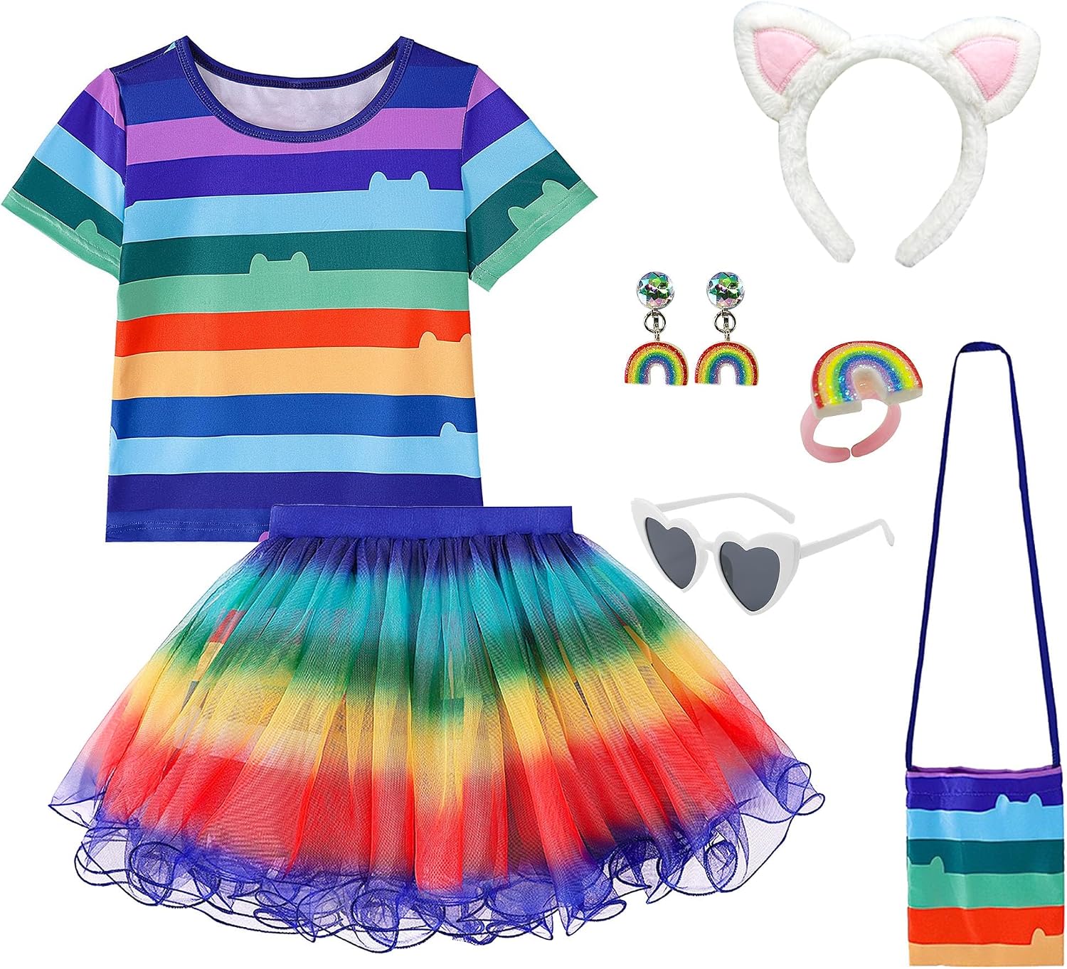 Cat‑Motif Striped Tulle‑Skirt Outfit Set, Clip‑on Earrings & Matching Accessories, 2 Color Options image 2
