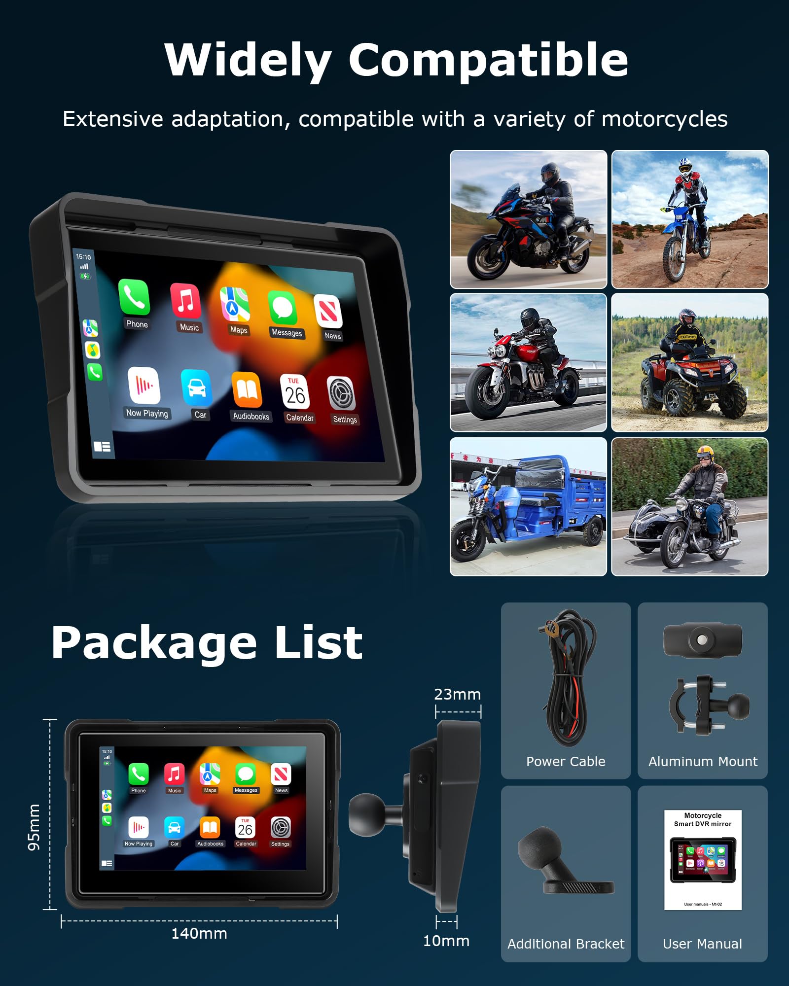 Motocyklowy ekran Carplay Android Auto z 5-calowym wodoodpornym ekranem dotykowym, bezprzewodowe Carplay i Android Auto, nawigacja GPS Siri GOO-gle