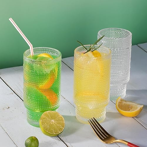 Miniatura 2 de Paquete de 6 vasos acanalados para beber, vasos de vidrio de hobnail de 12 onzas, vasos de vidrio boho transparentes en relieve para cocina, bar,