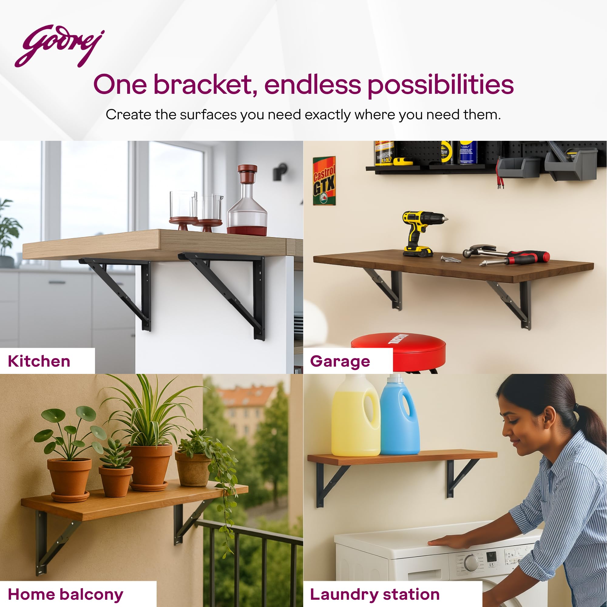 Godrej Furniture Fitting I Wall Mount Folding Table/Shelf Brackets (16 inch / 400mm, 100kg Capacity, 2 Units) ||Steel Fold-Down Bracket for Wall Mounted Tables, Desk with 1 Year Warranty — Amazon image 5
