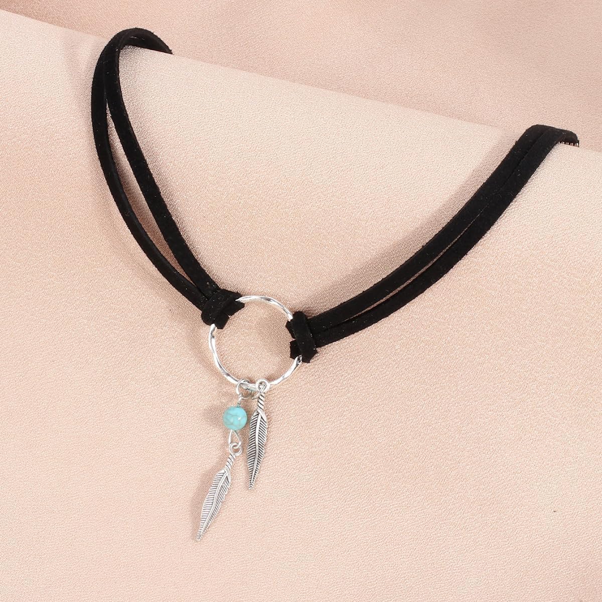 Bohemian Turquoise Leather Choker Necklace for Women Vintage Handmade Feather Layered Black Brown Suede Western Cowlady Necklace Western Country Party Jewelry Gifts - Image 7