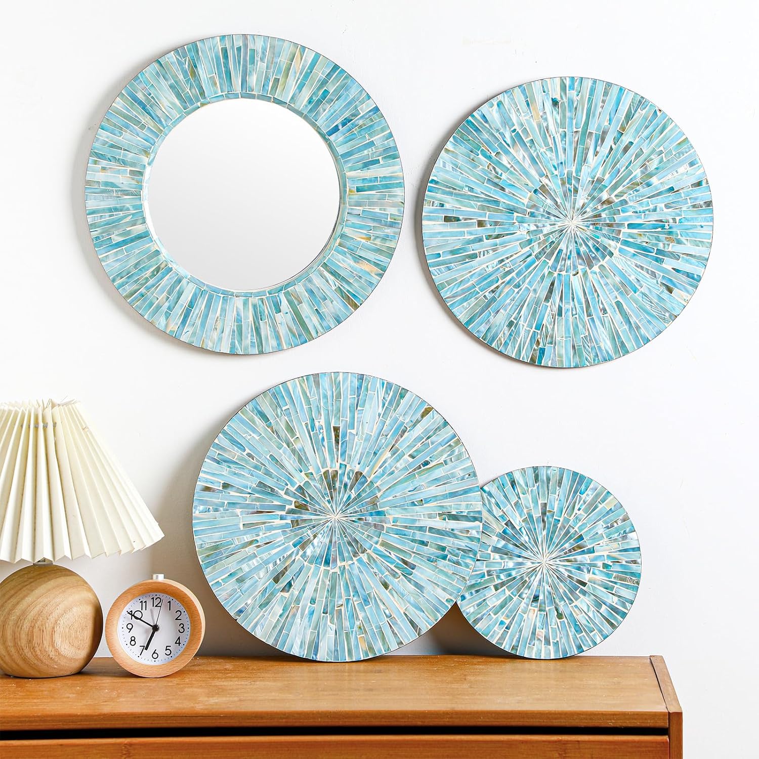 Wesiti 5 Pcs Gifts Natural Mother of Pearl Mirror Wall Decor Christmas Housewarming Gift Handmade Coastal Wall Plates Art Hanging Art for Bedroom Bathroom Decoration - Image 6