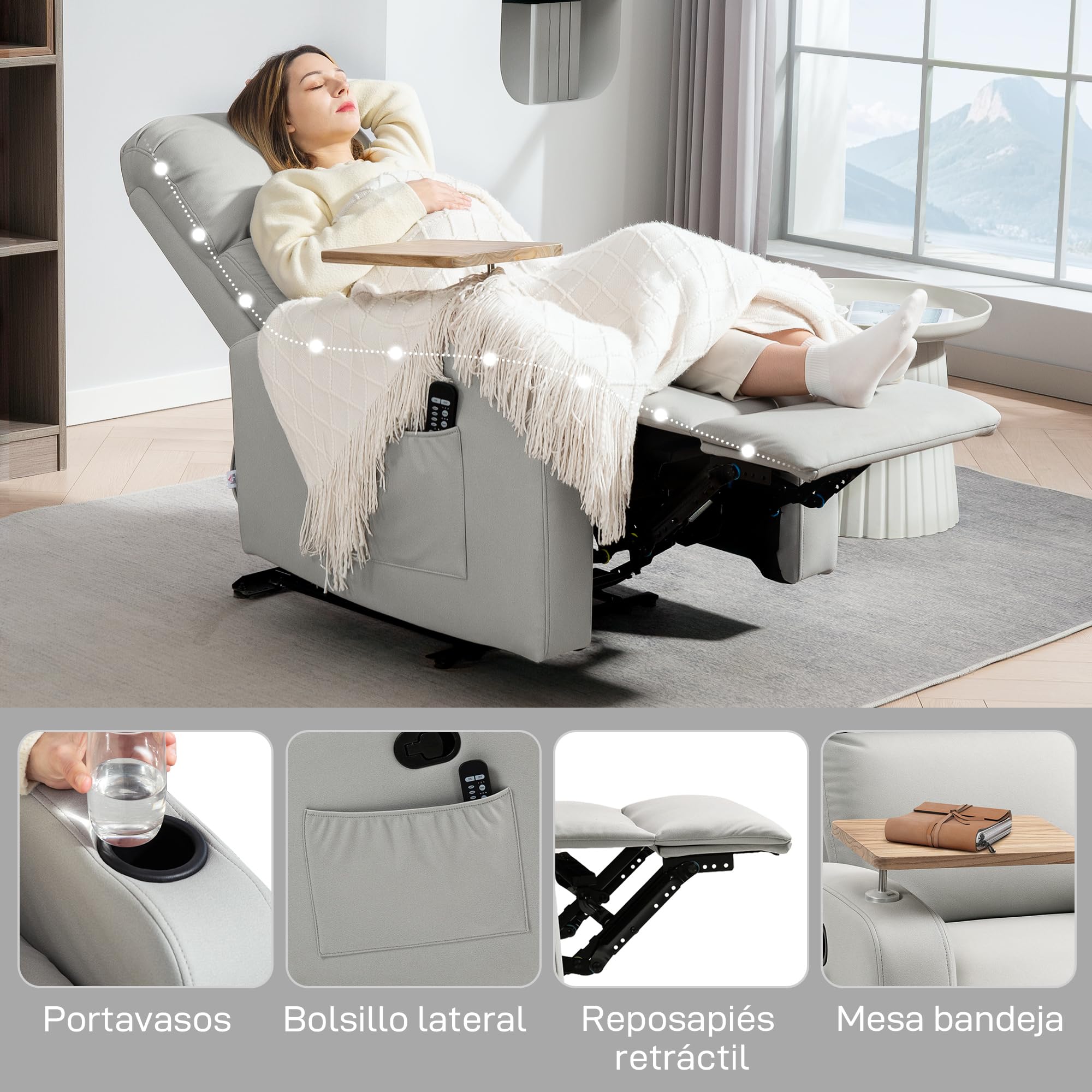 HOMCOM Sillón de Masaje con 8 Puntos de Masaje Sillón Relax Eléctrico Sofá Relax con 4 Modos Reclinación 145° Mando a Distancia Mesita 2 Bolsillos Laterales y Posavasos 77x93x105 cm Gris Claro
